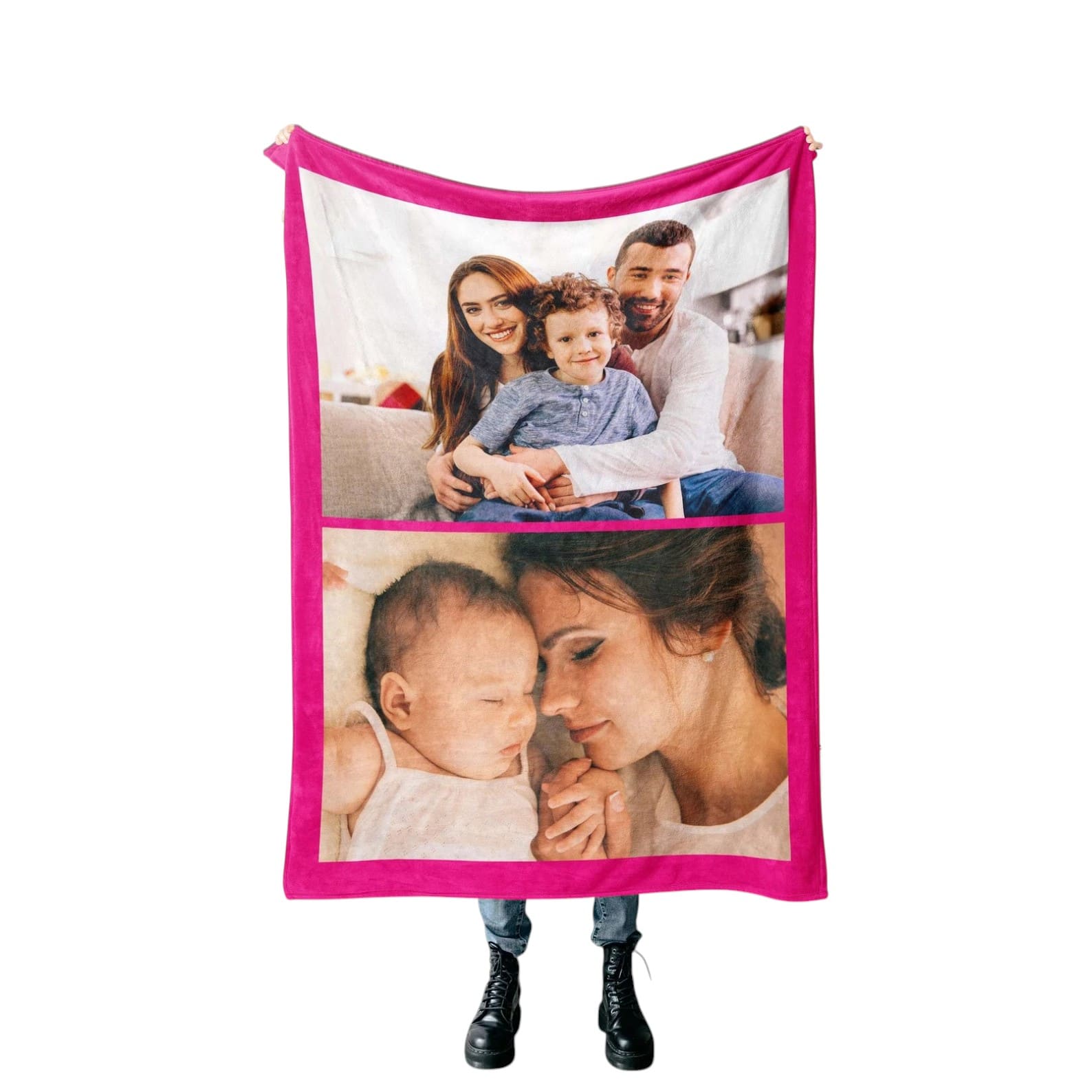 Personalized blanket with family photos printed on soft fabric.