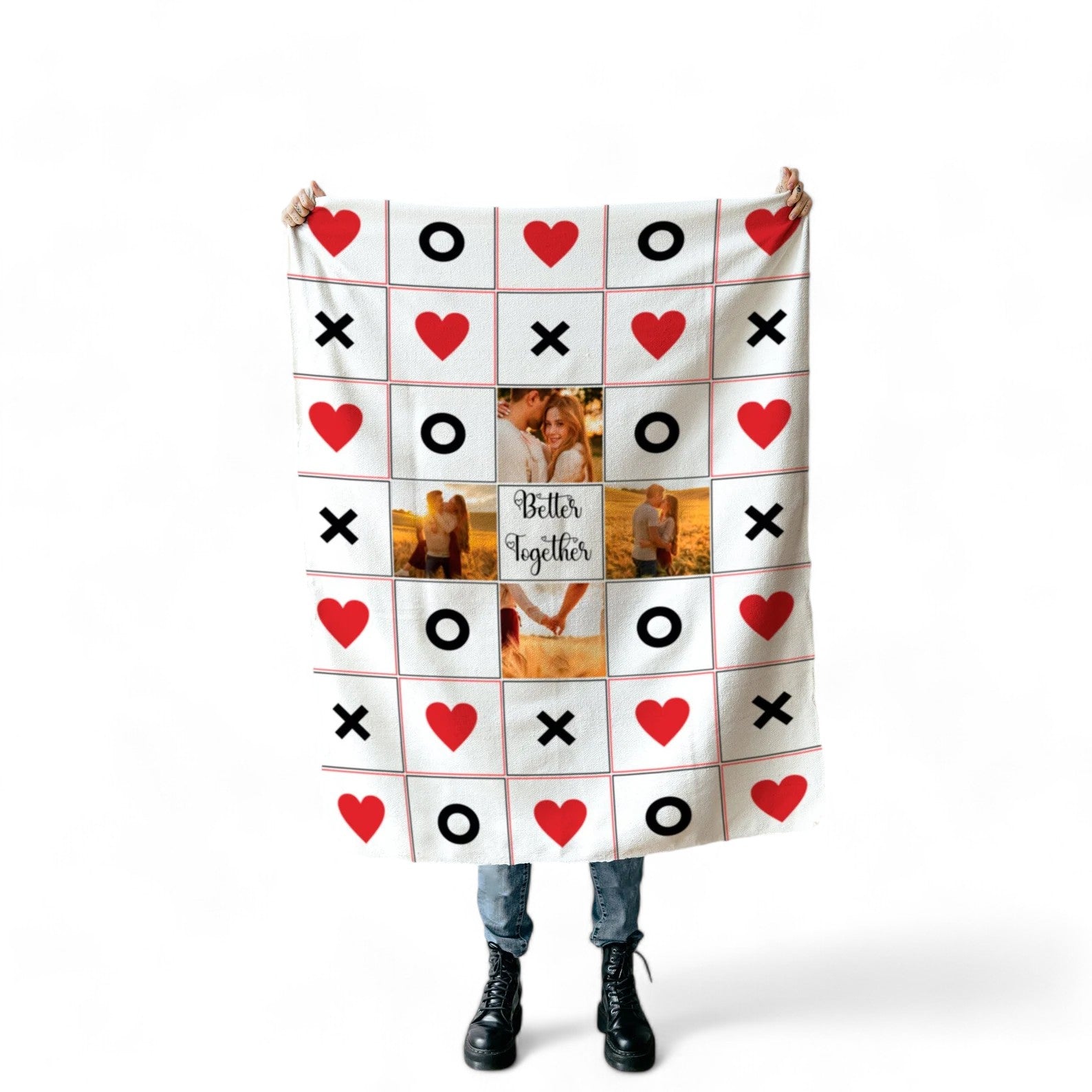 Custom couple Tic-Tac-Toe photo blanket with personalized photos and text.

