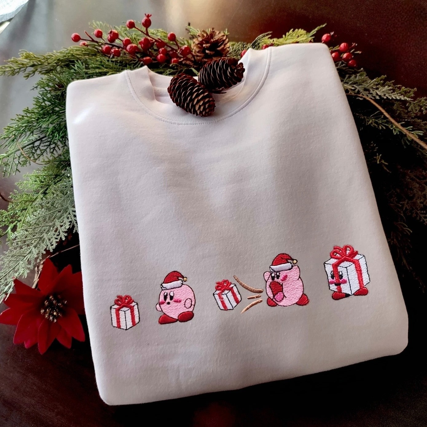 Custom embroidered graphic meme shirts showcasing a cute festive character, perfect for fans of funny meme t-shirts.
