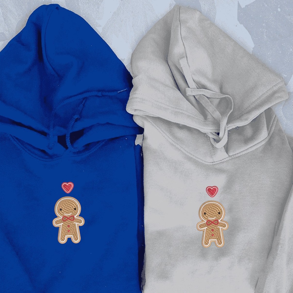 Matching Couple Hoodies with custom couple hoodies showcasing a gingerbread man and heart design
