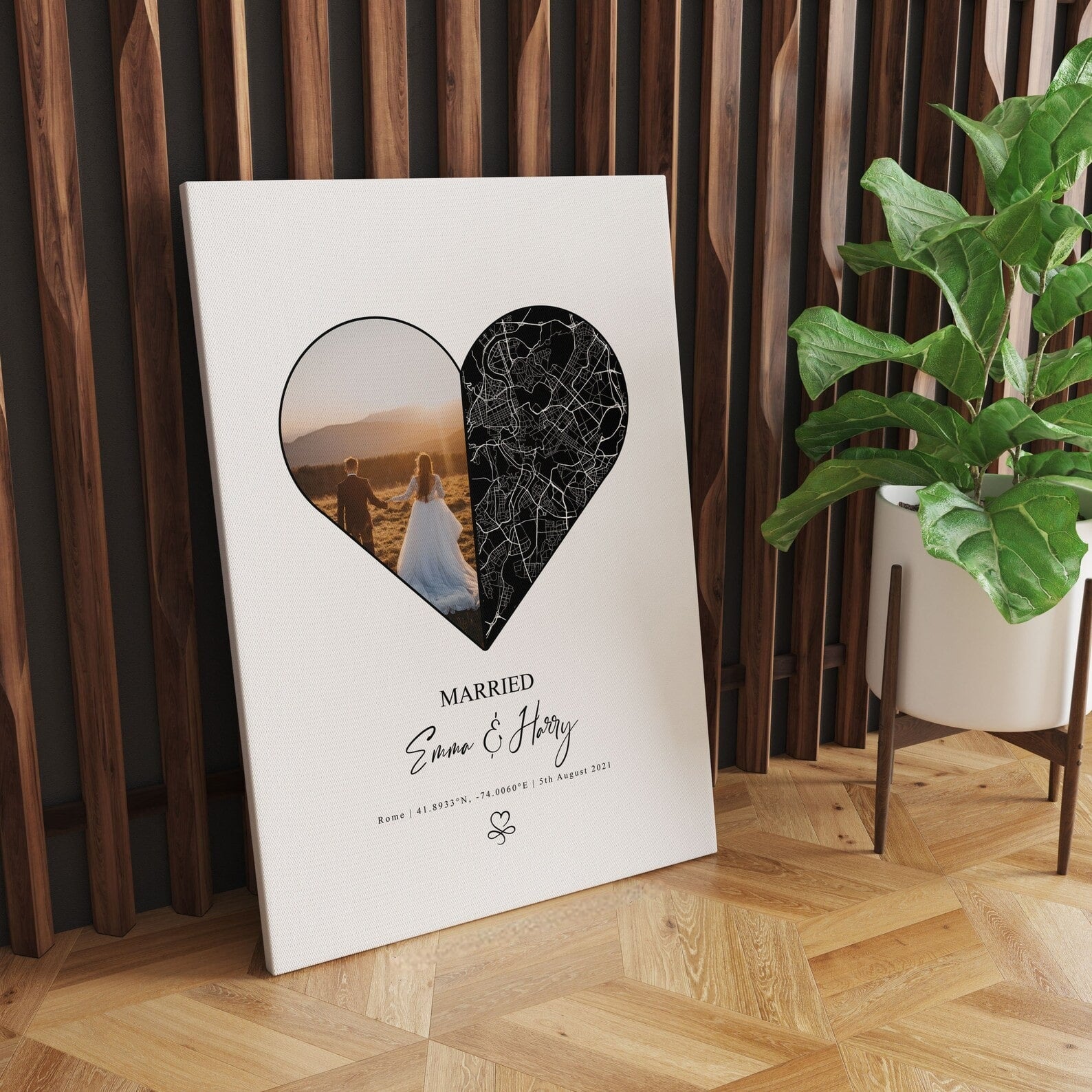 Custom heart-shaped wedding map and photo print on canvas
