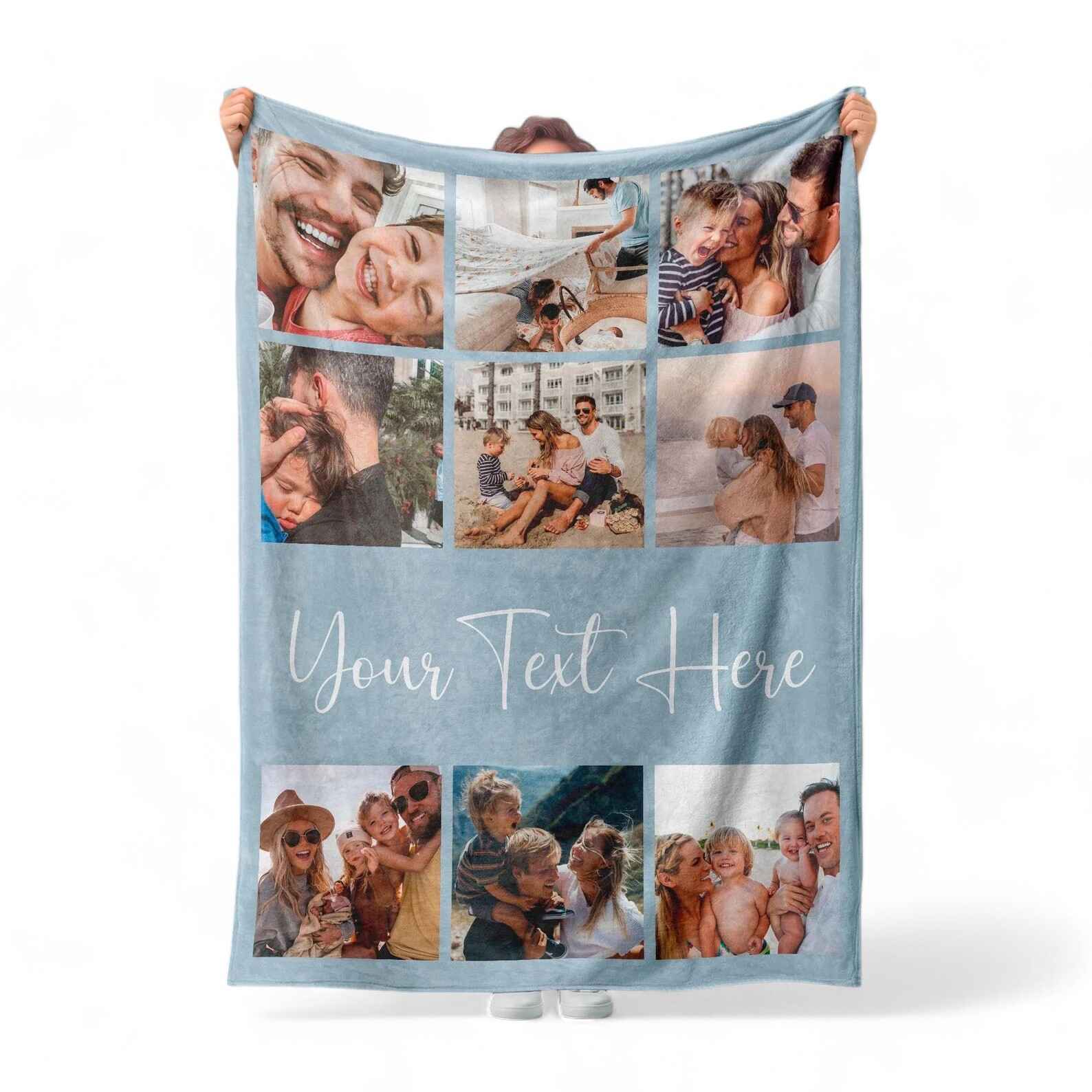 Custom photo collage fleece blanket with family pictures, personalized text.

