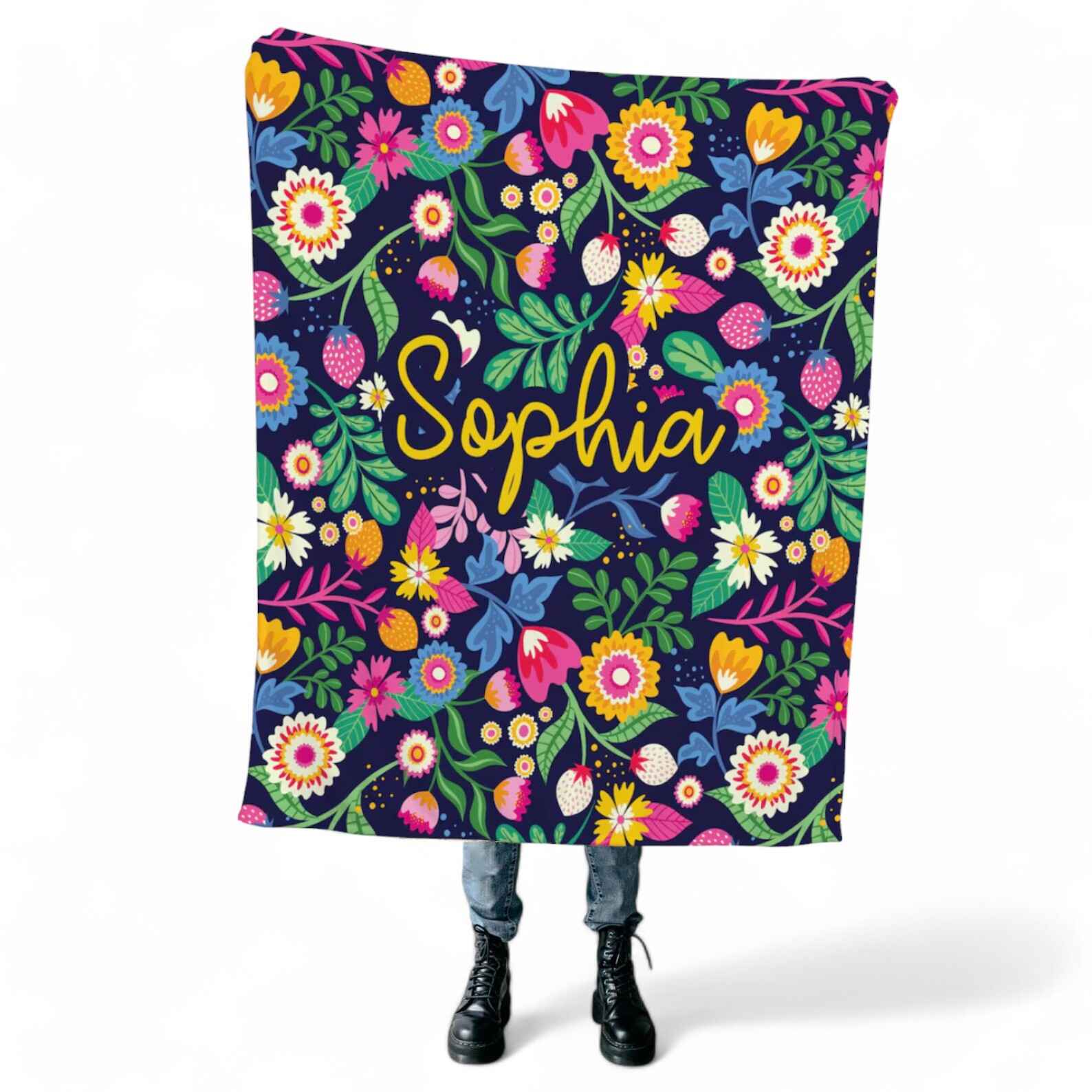 Custom Floral Name Blanket with Bright Floral Pattern - Personalized Throw