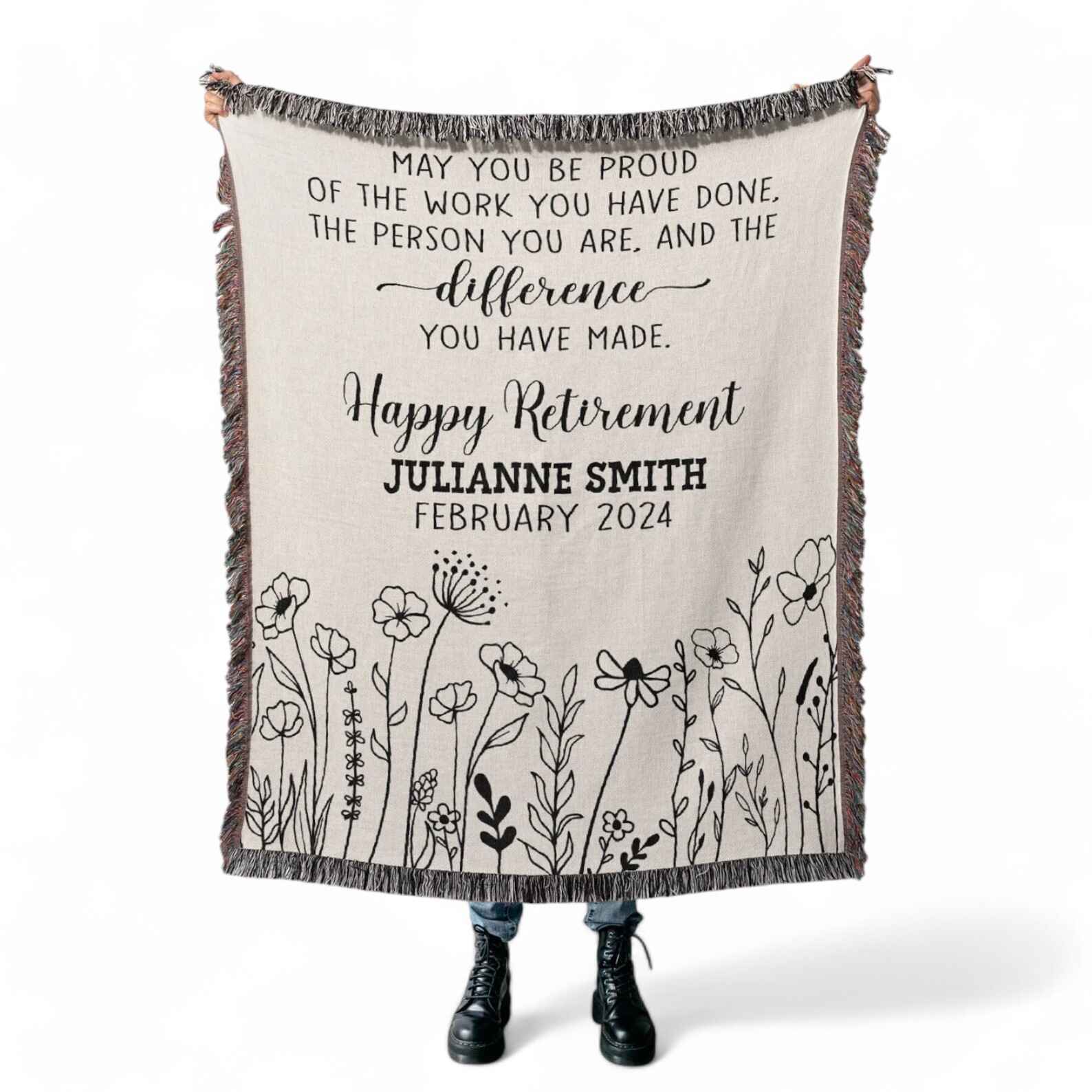 Personalized retirement blanket with floral design and custom message for women