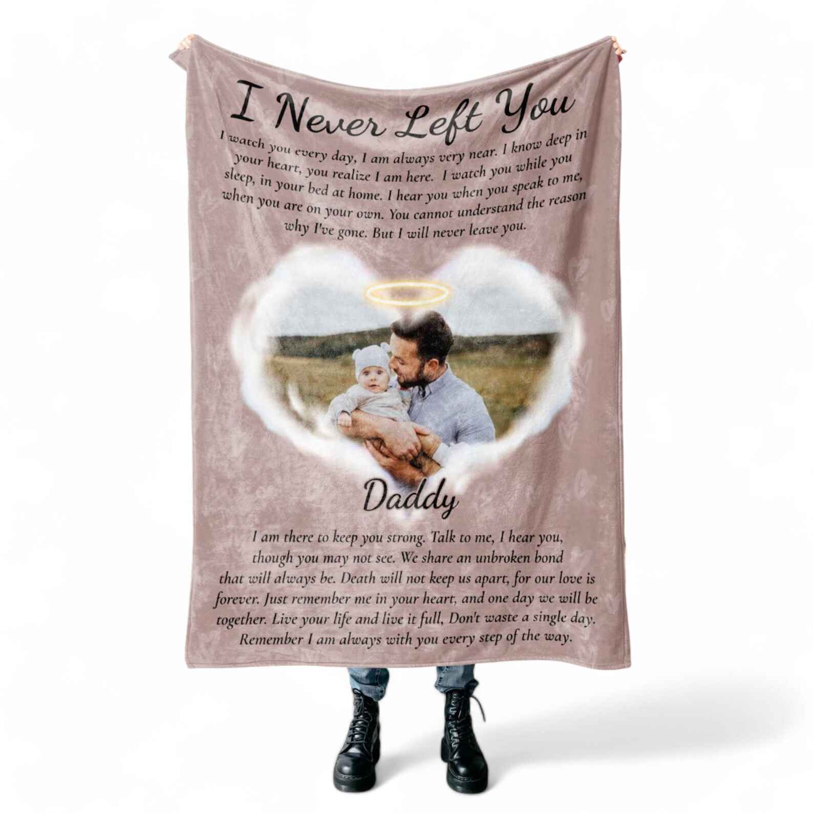 Personalized memorial blanket with custom photo and heartfelt message 'I Never Left You' for remembrance