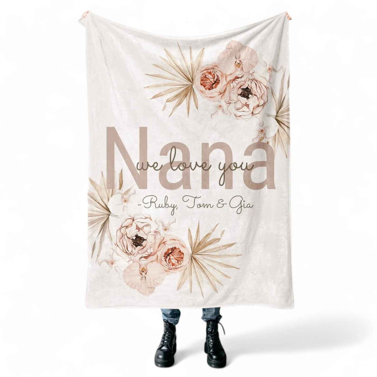 Custom name blanket with floral design and personalized message from family or friends