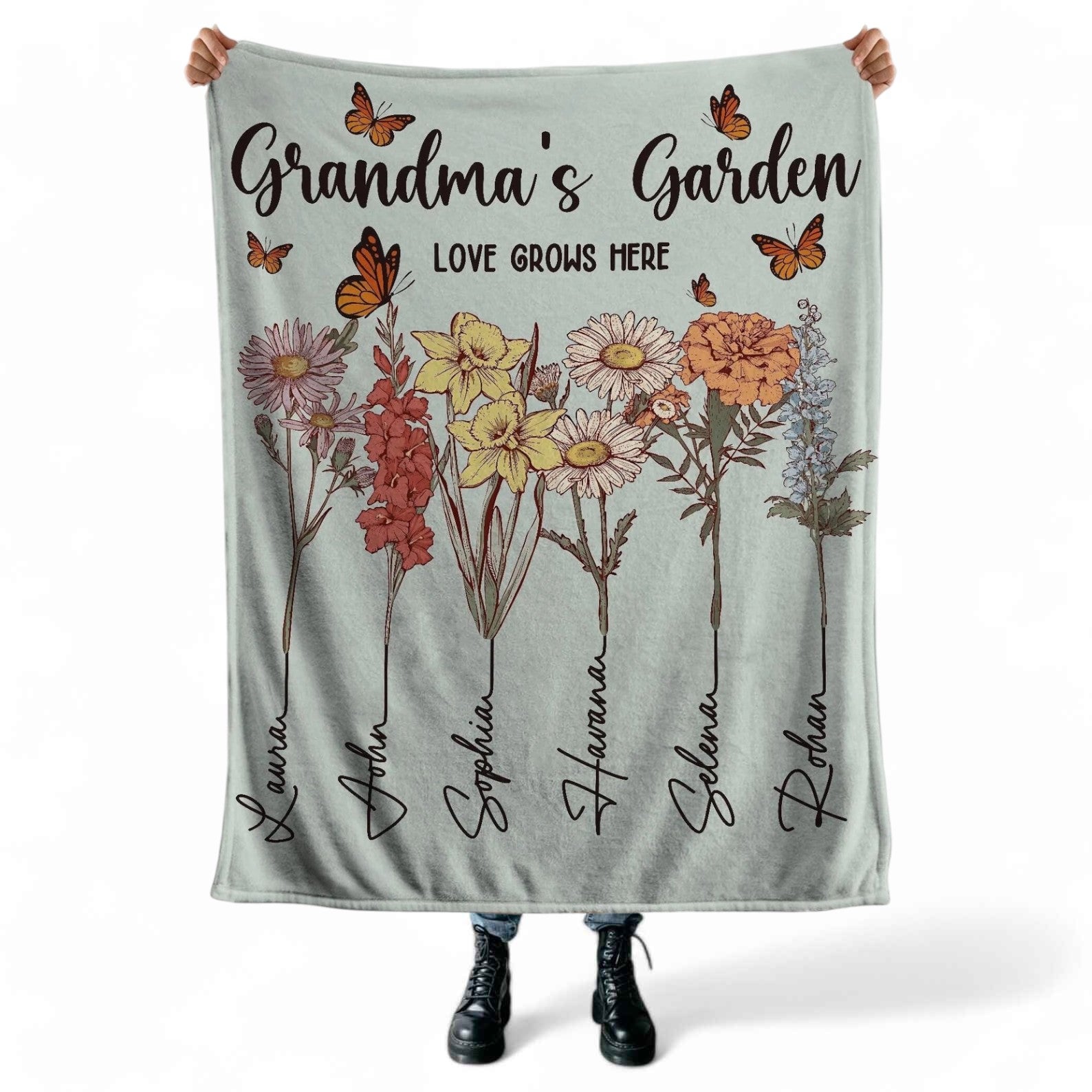 Custom Grandma's Garden blanket with family names and floral design