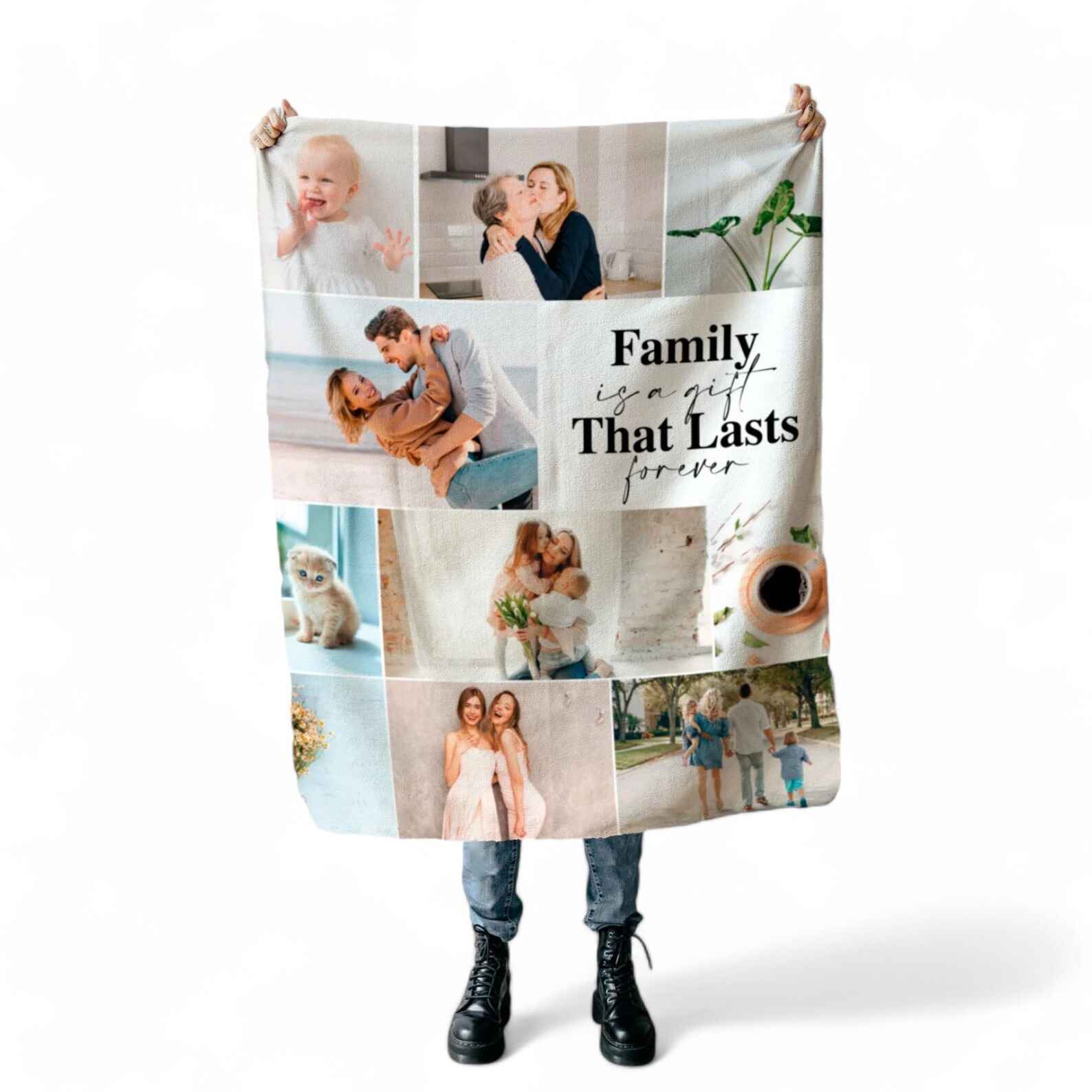 Custom family photo collage blanket with personalized pictures and quote.
