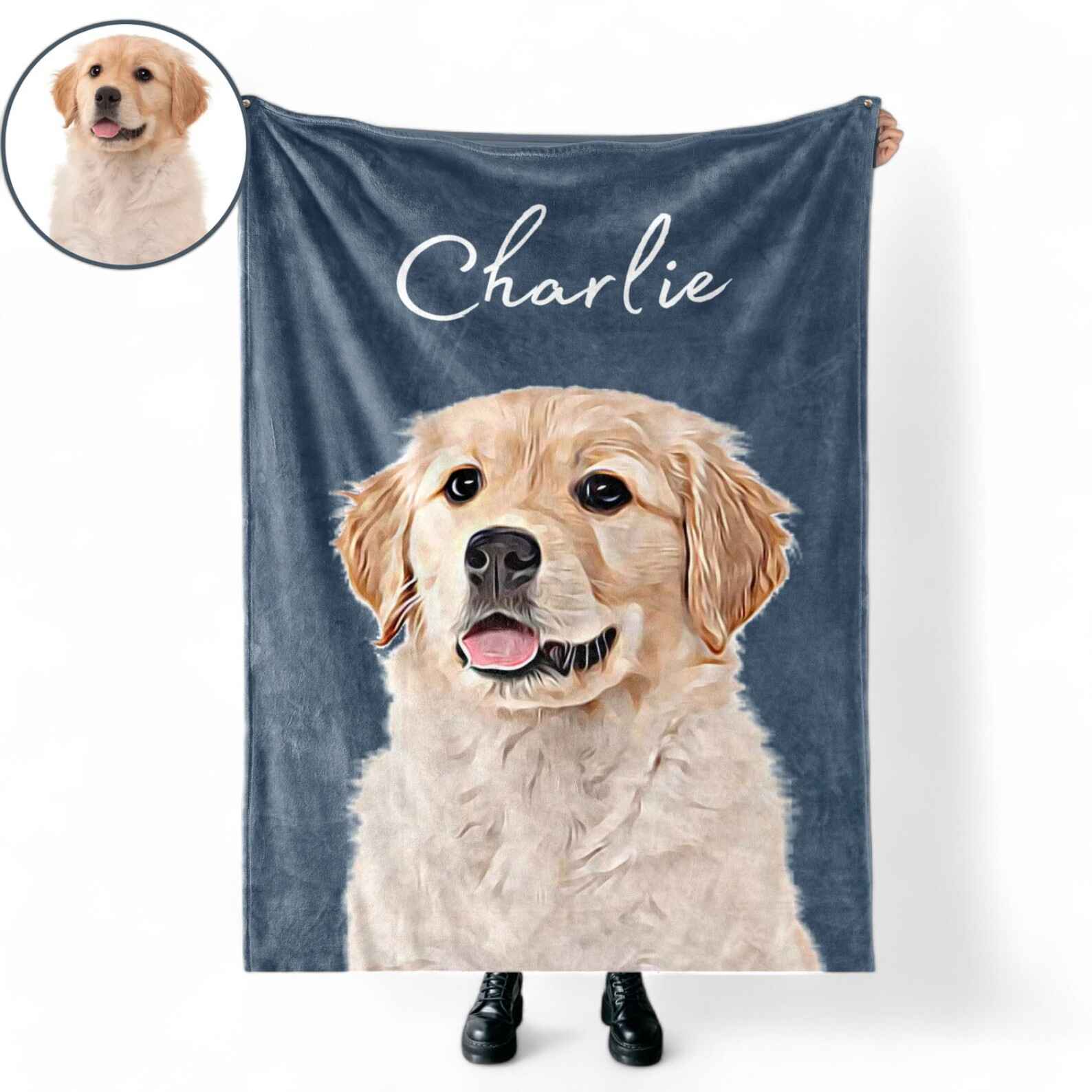 Custom pet photo blanket featuring a personalized dog portrait.
