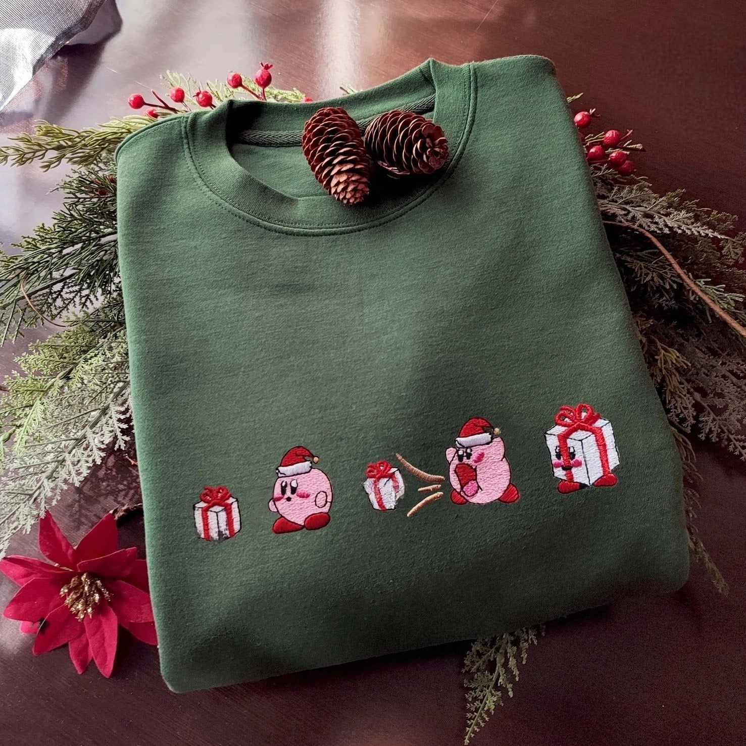 Custom embroidered graphic meme shirts highlighting a festive holiday design, great for lovers of funny meme shirts and quirky holiday apparel.
