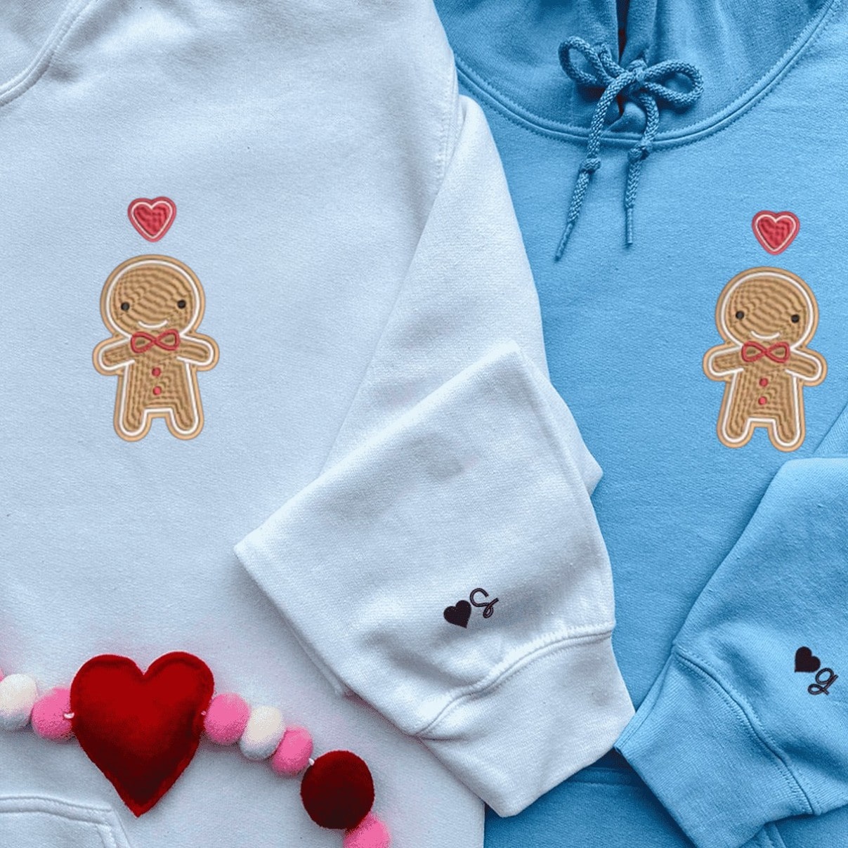 Matching Couple Hoodies as customizable hoodies for couples with gingerbread and heart embroidery
