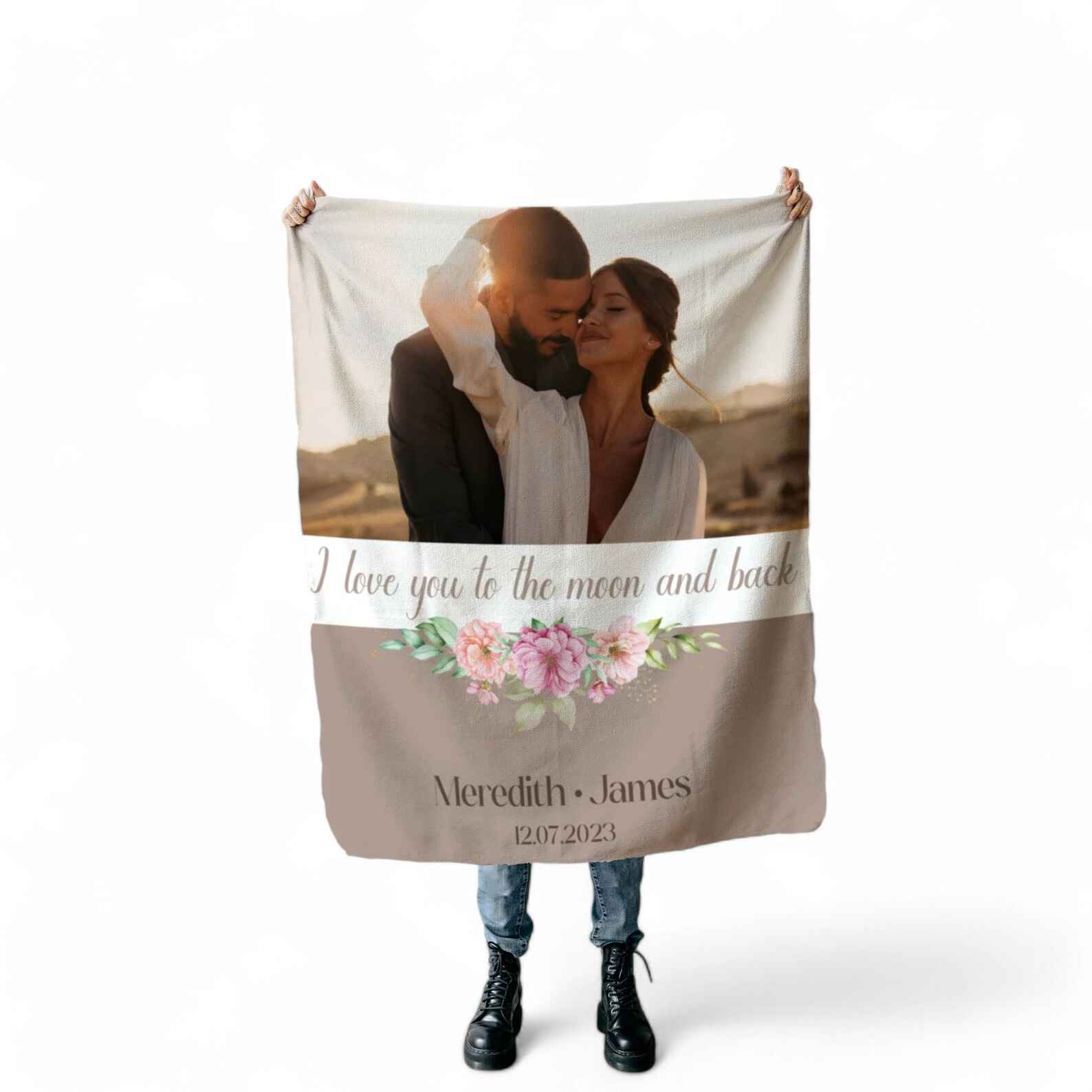 Custom wedding photo blanket with personalized names, romantic photo, and custom message.

