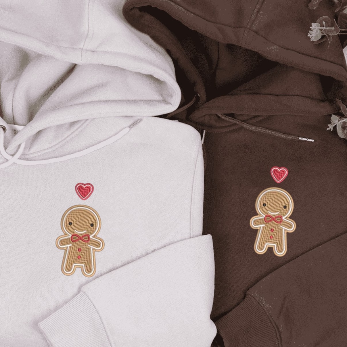 Matching Couple Hoodies featuring embroidered matching couple sweatshirts with festive gingerbread embroidery
