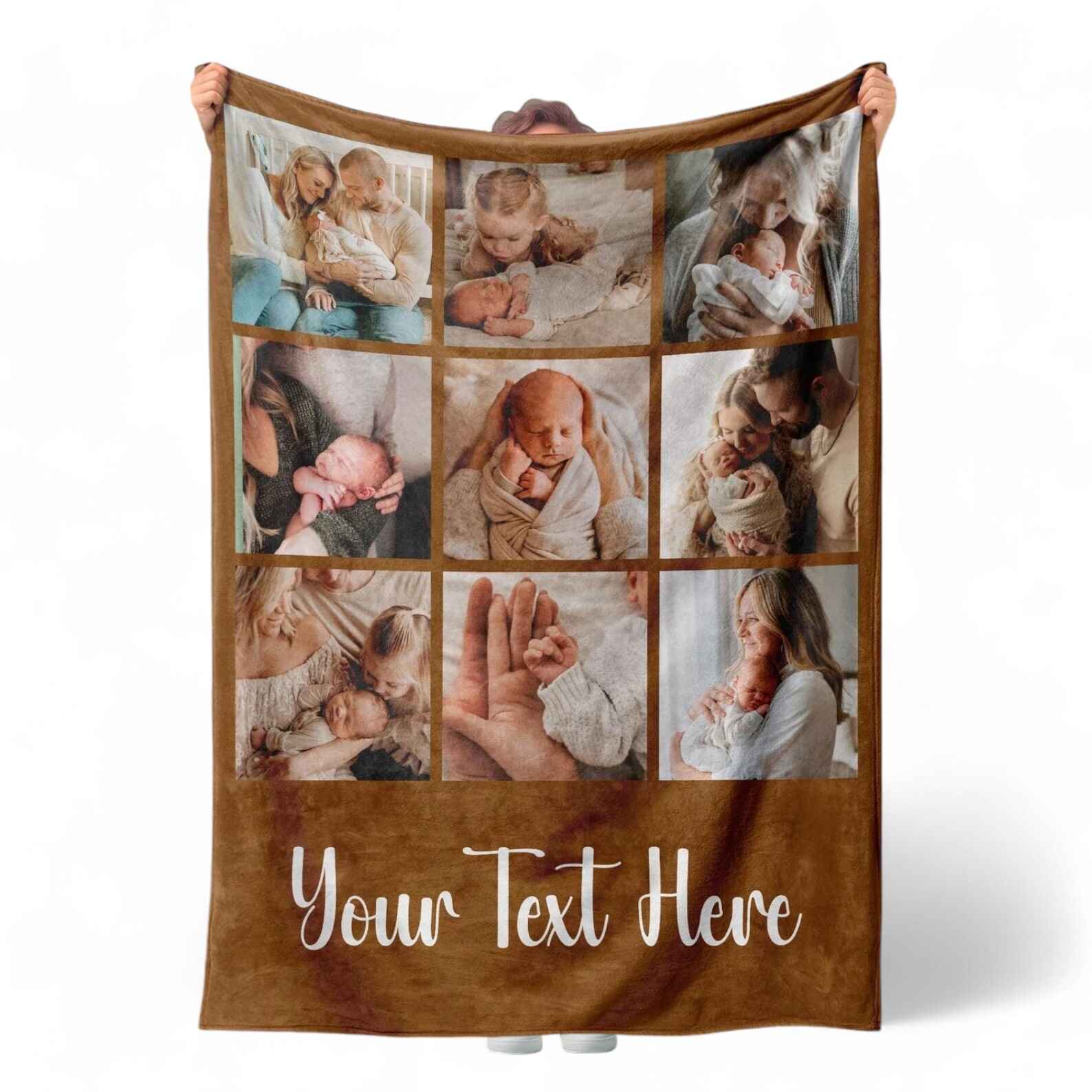 Custom baby photo collage polyester blanket with newborn photos, personalized text.

