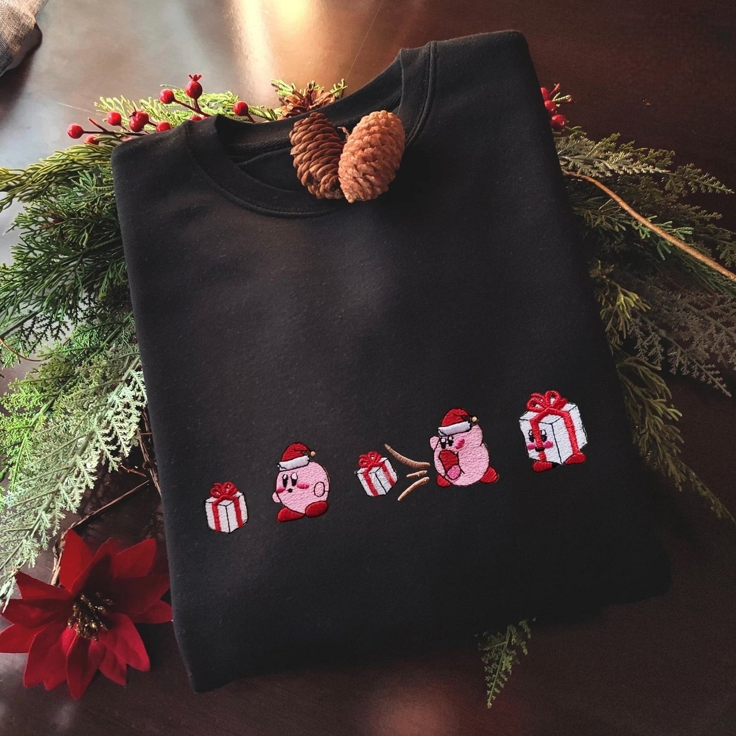 Custom embroidered graphic meme shirts featuring a festive embroidered design, perfect for meme shirt fans looking for fun and quirky holiday styles.
