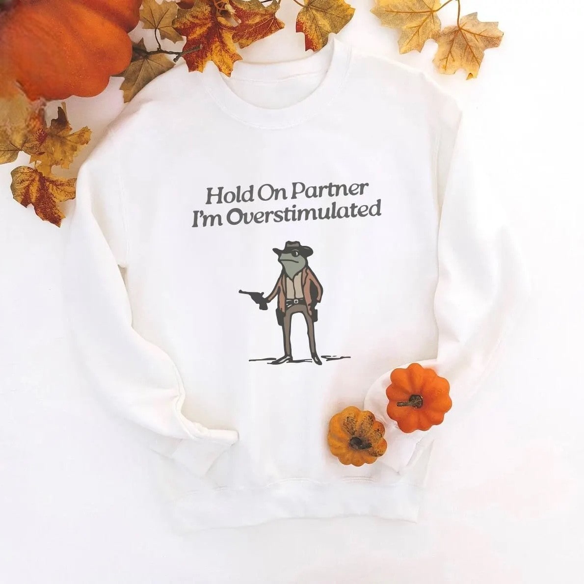 Hold On Partner I'm Overstimulated sweatshirt in white with fall decorations.