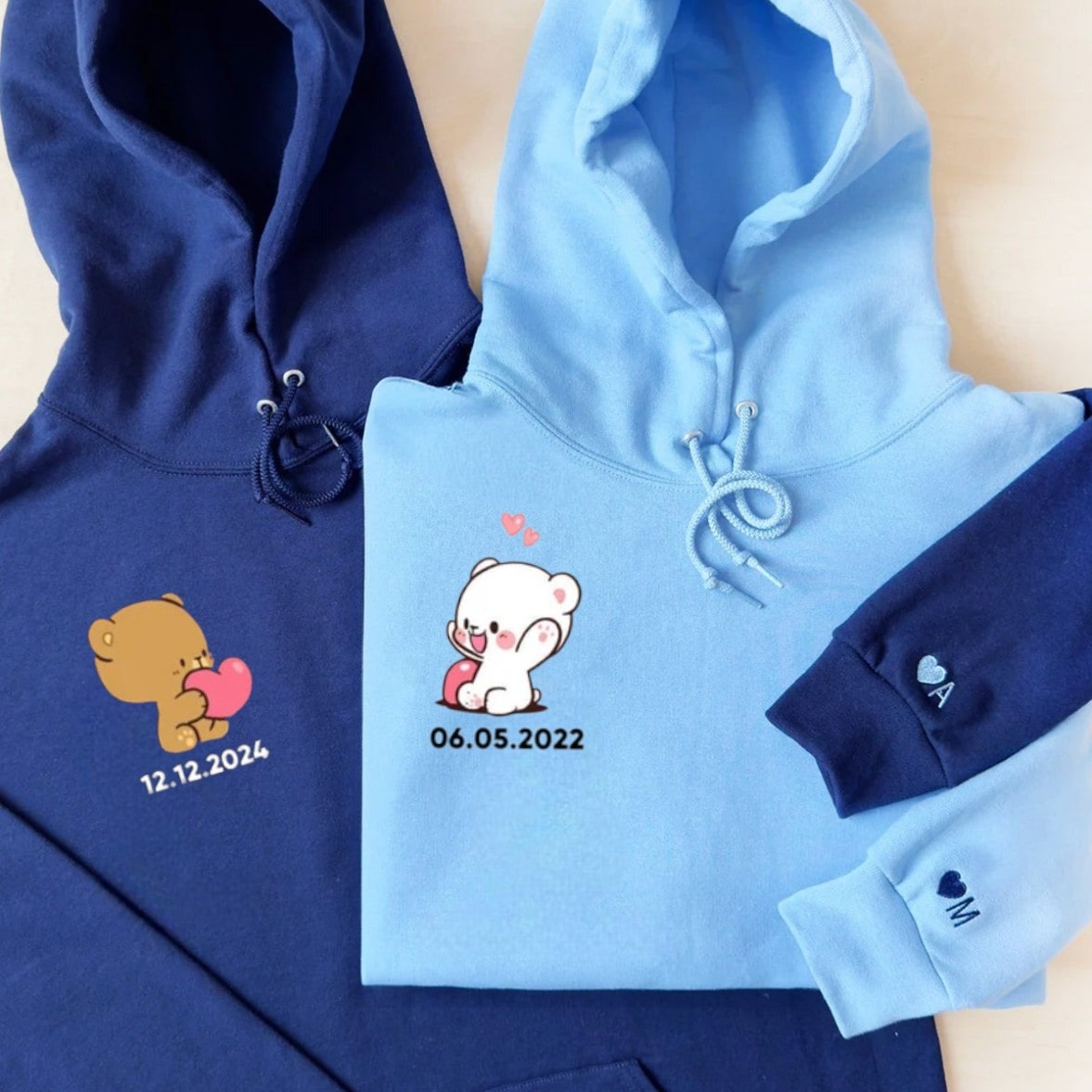 Custom date couple hoodie set with embroidered bear holding a heart