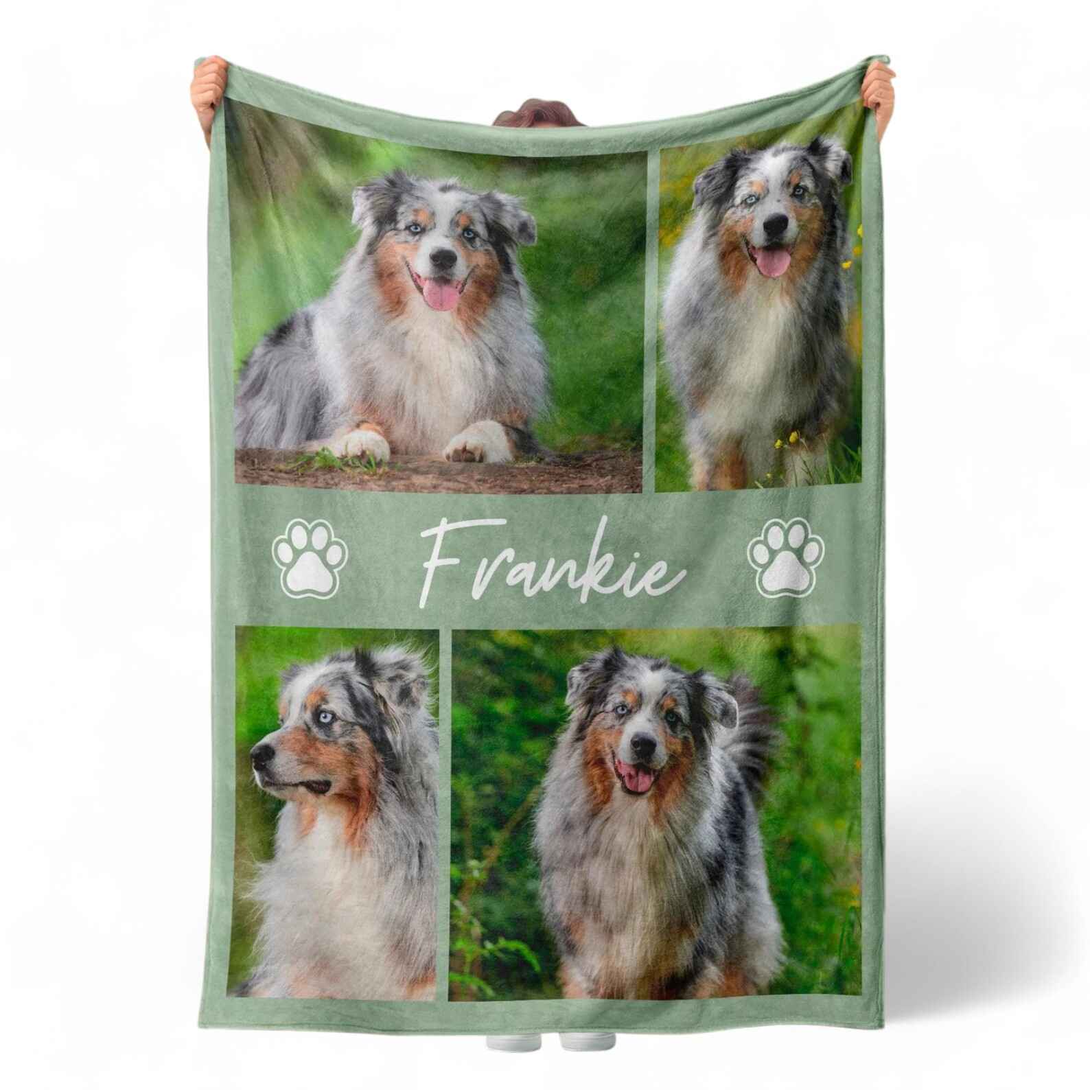 Custom pet photo collage polyester blanket with personalized dog photos and pet name.

