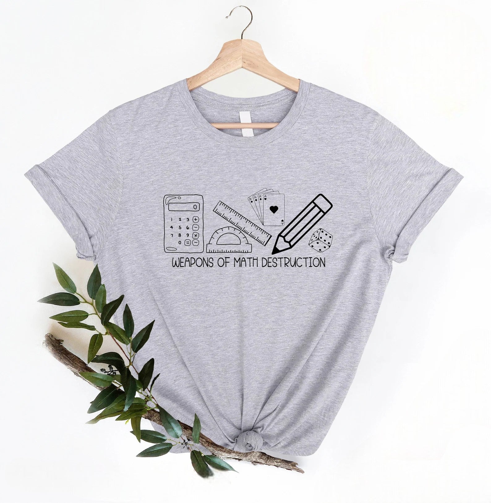 Gray Weapons of Math Destruction t-shirt with calculator and ruler