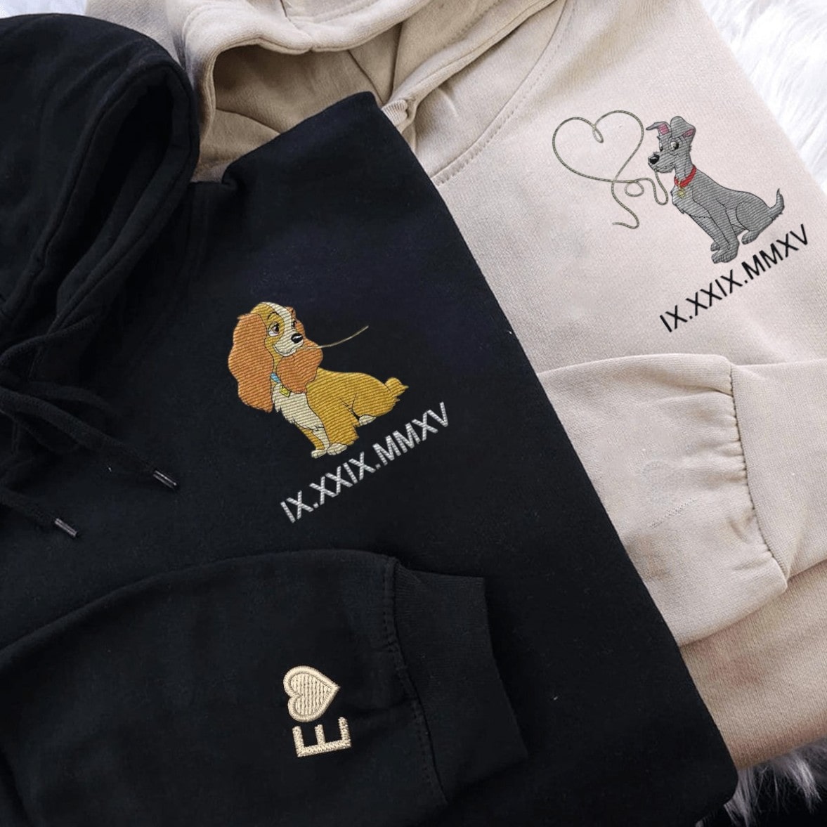 Custom Lady and The Tramp hoodie with Roman numeral embroidery