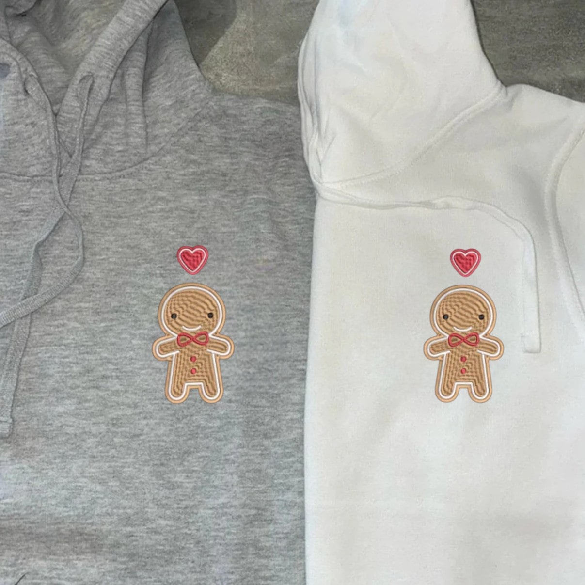 Matching Couple Hoodies with embroidered couples matching hoodies featuring gingerbread design
