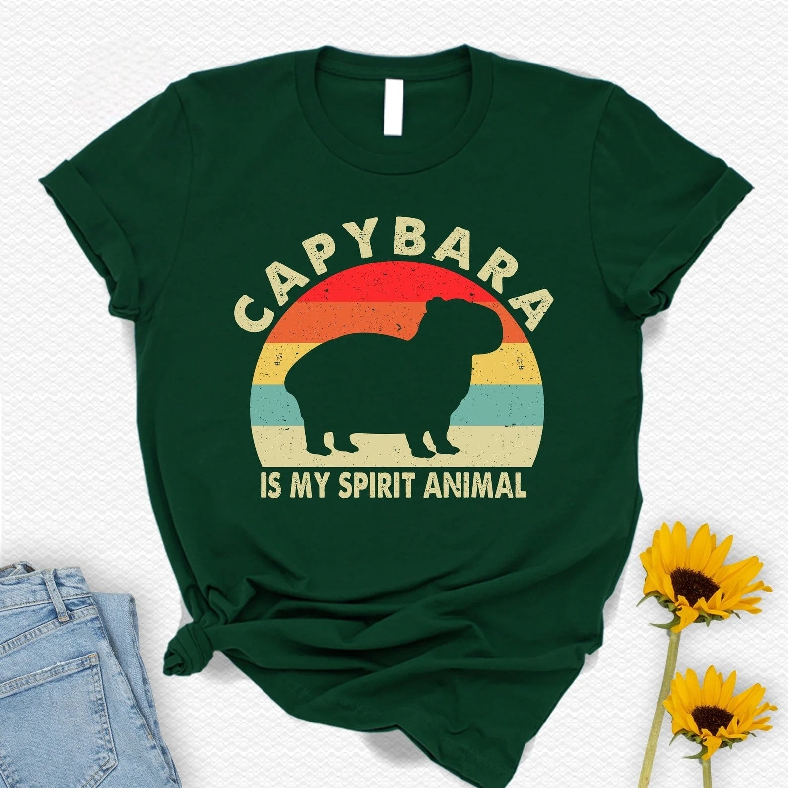 Green "Capybara is My Spirit Animal" t-shirt with rainbow print