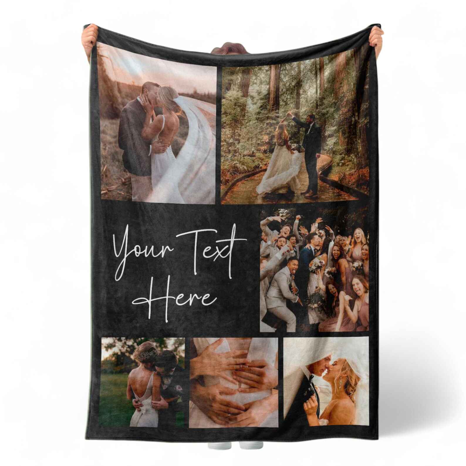 Custom wedding photo collage polyester blanket with bride and groom pictures, personalized text.

