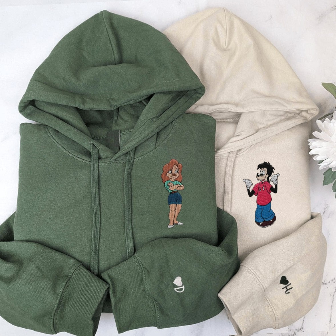 Matching couple hoodie set featuring Max Goof and Roxanne embroidery