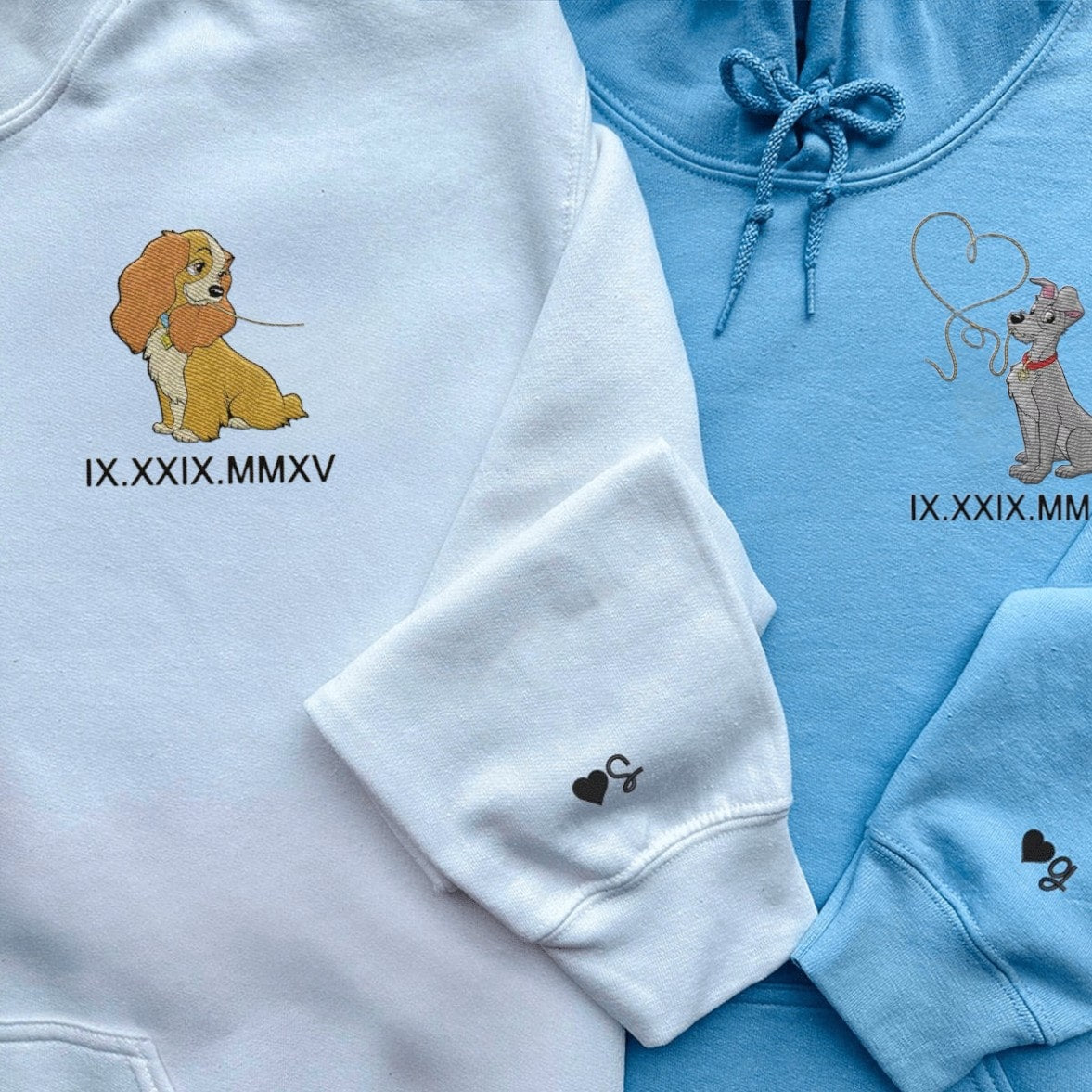 Romantic embroidered hoodie for couples featuring Lady and Tramp