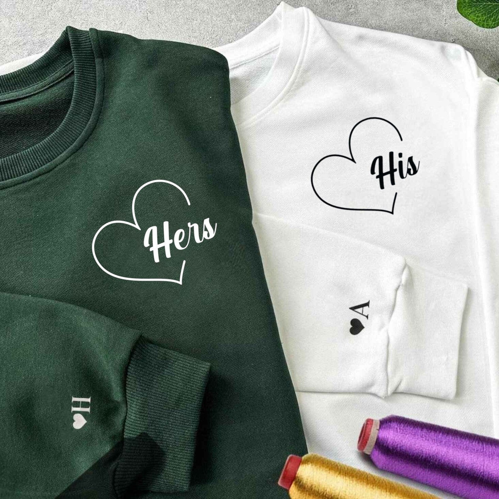 Matching couple hoodies featuring "His" and "Hers" text inside hearts