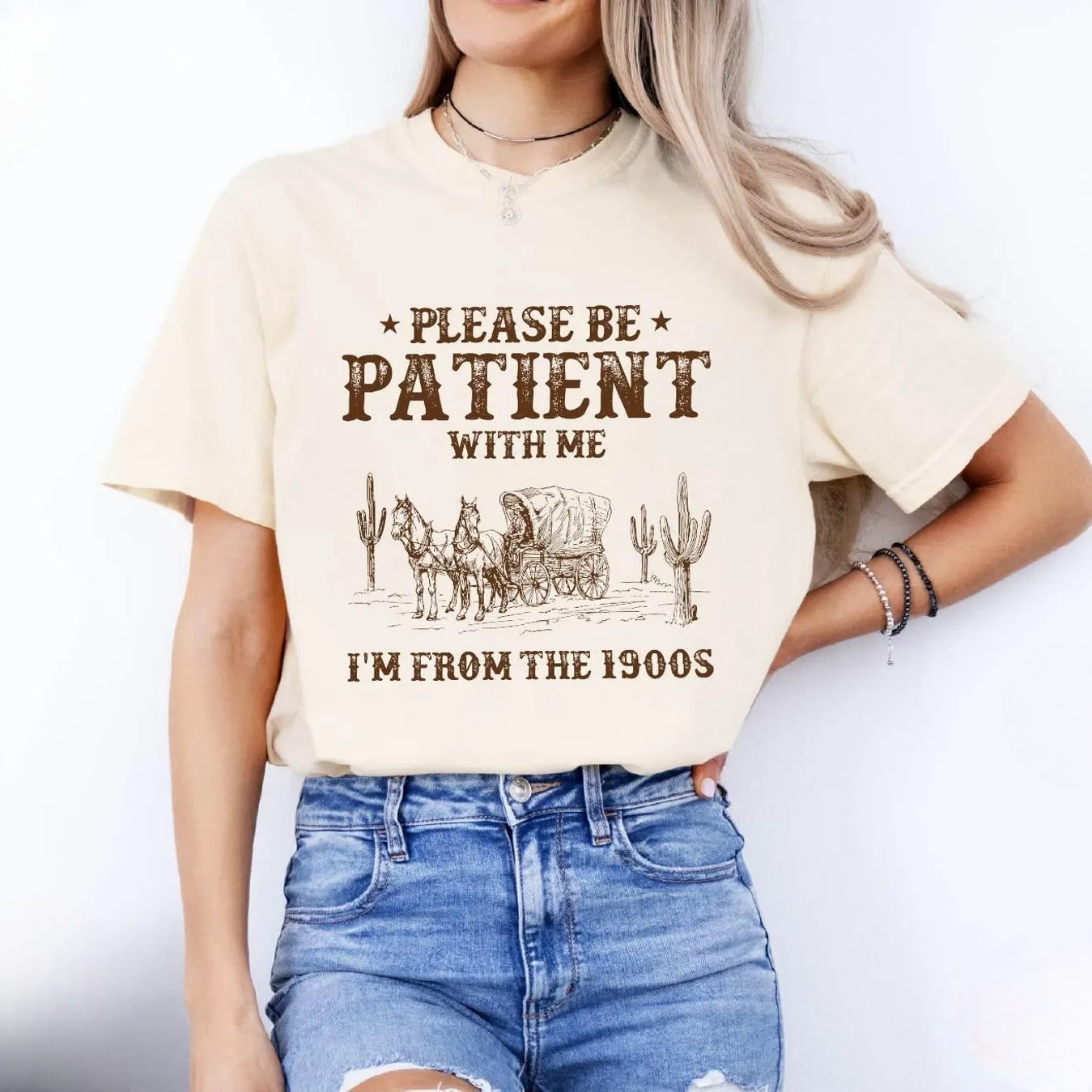 Vintage-inspired "Please Be Patient with Me, I'm From the 1900s" sweatshirt with wagon design.