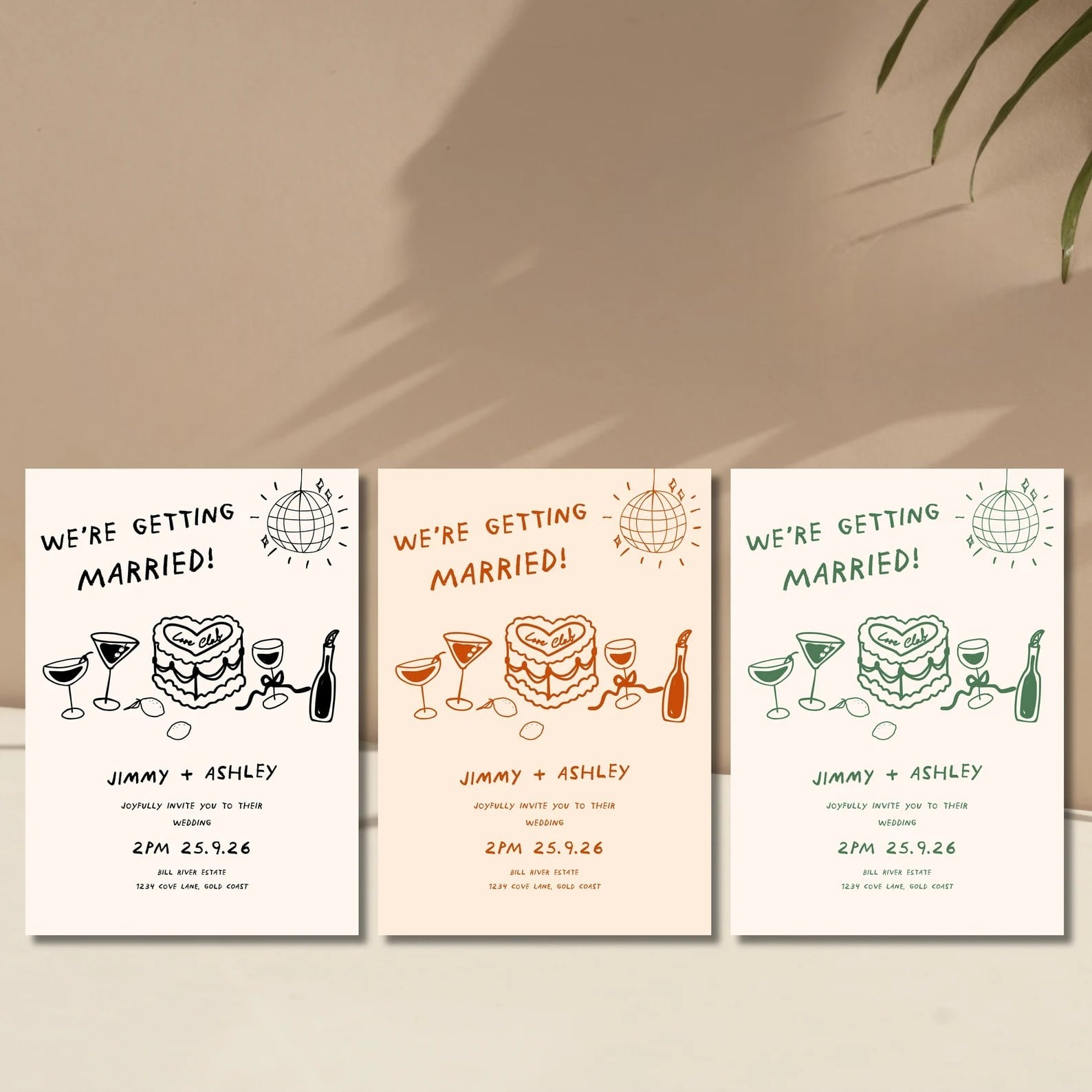 Chic wedding invitation bundle with playful illustrations of drinks and disco ball