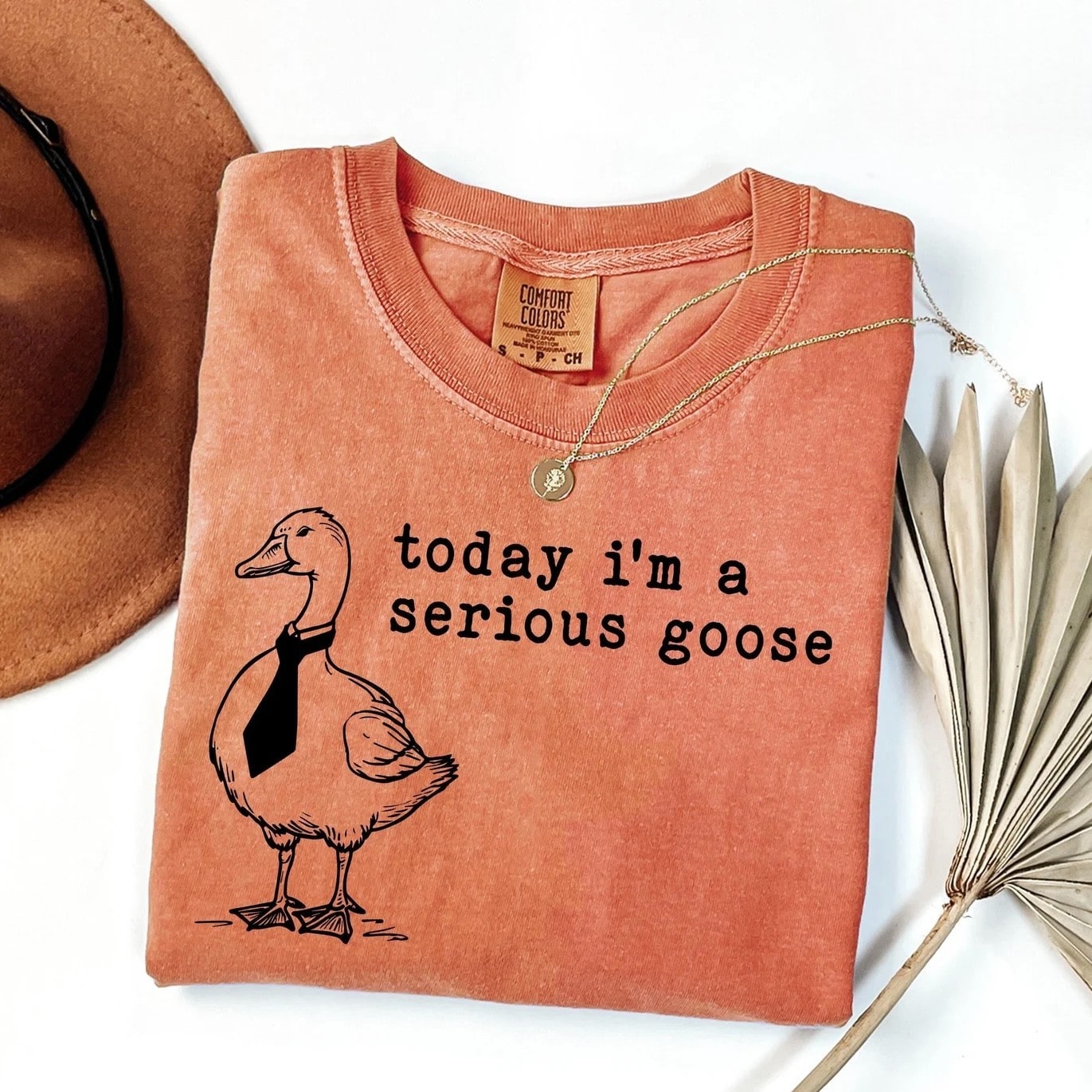 Quirky "Serious Goose" shirt in vintage orange with goose illustration