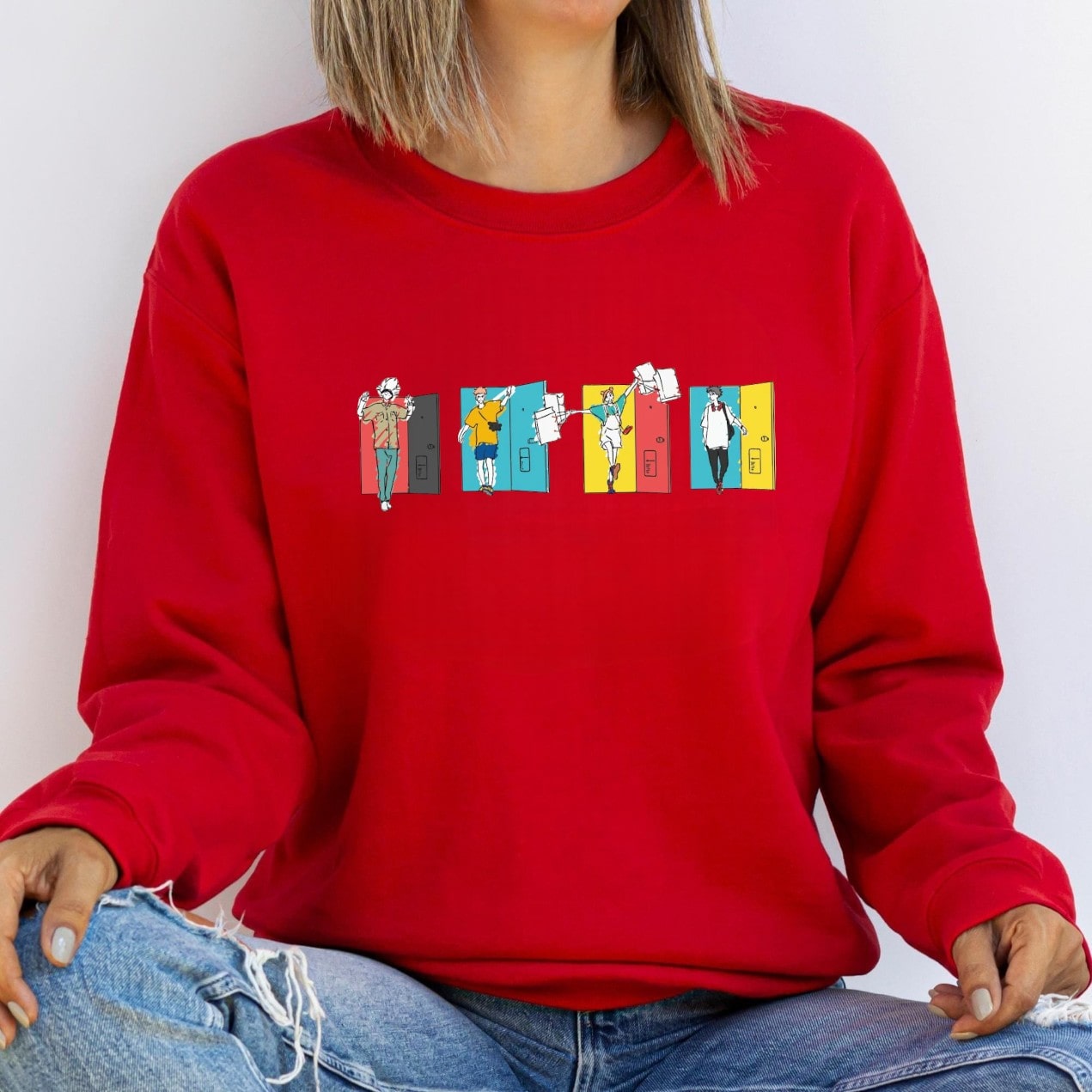 Anime-inspired graphic sweatshirt with vibrant door illustrations.