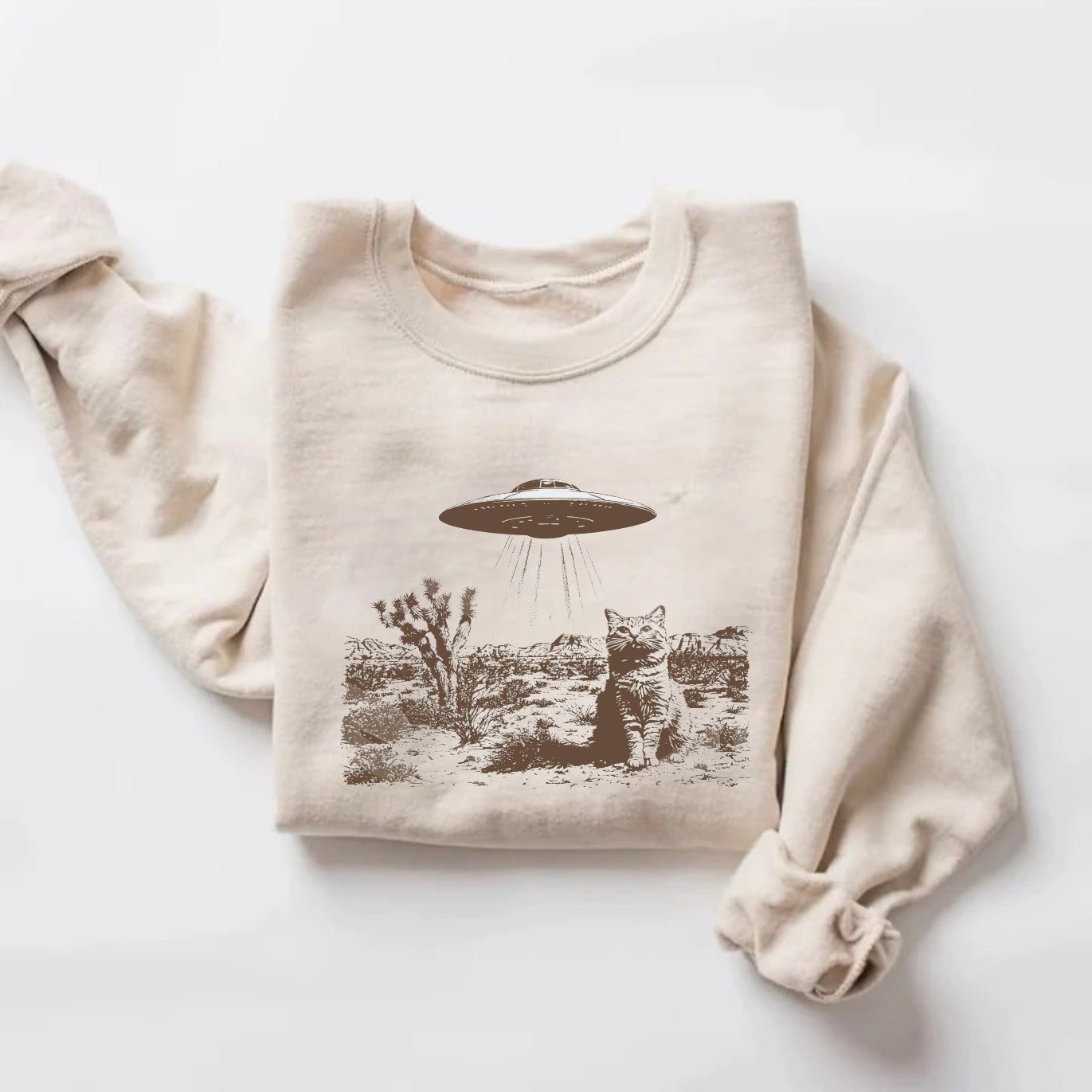 Quirky cat under UFO design on a beige sweatshirt