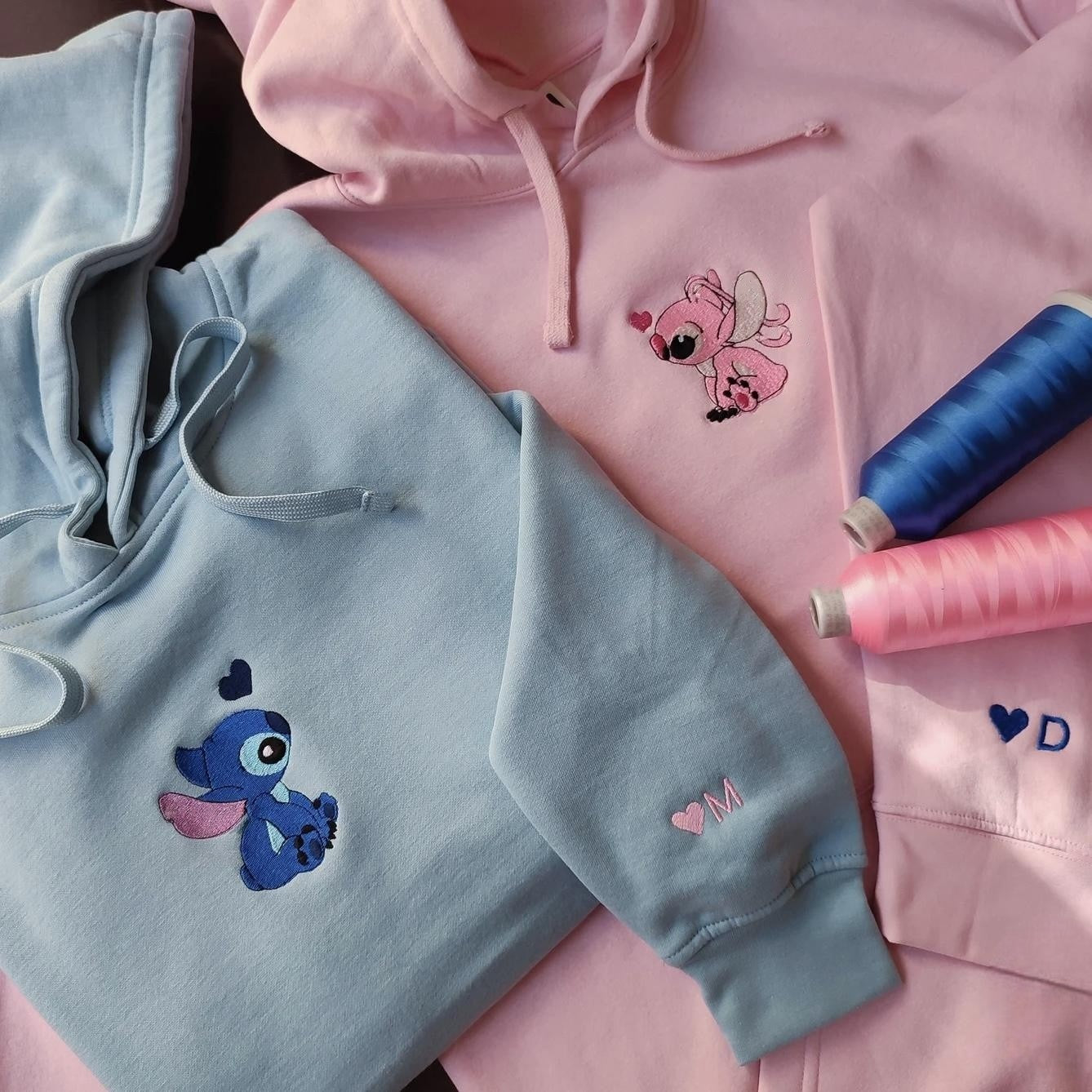 Matching Couple Hoodies offering custom couple hoodies with cute Stitch and Angel characters.
