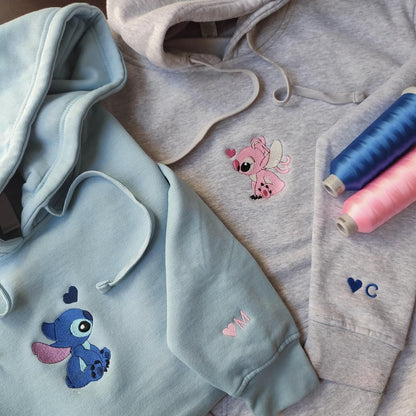 Matching Couple Hoodies designed as customizable hoodies for couples with Stitch and Angel motifs.
