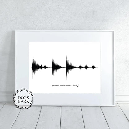 Custom pet memorial sound wave art featuring a dog’s bark, ideal furrybaby keepsake






