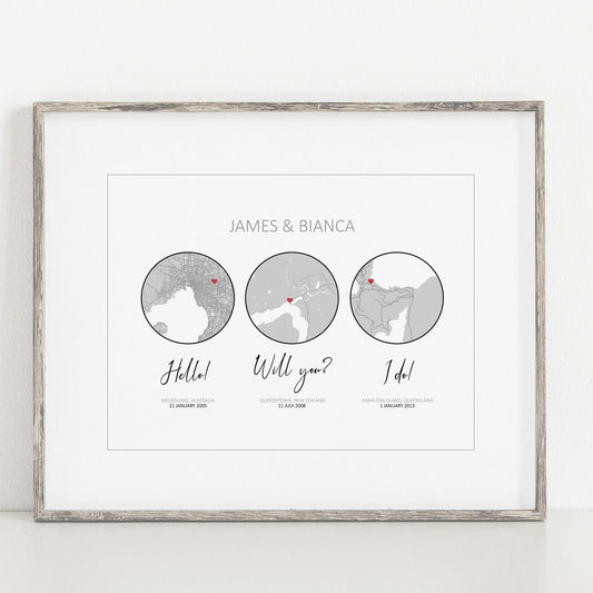 Custom three moments map wall art featuring personalized locations for key relationship milestones

