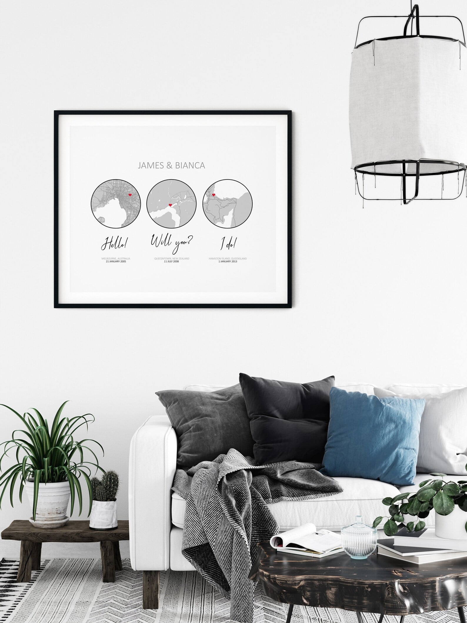 Customizable map print featuring three relationship milestones for couples






