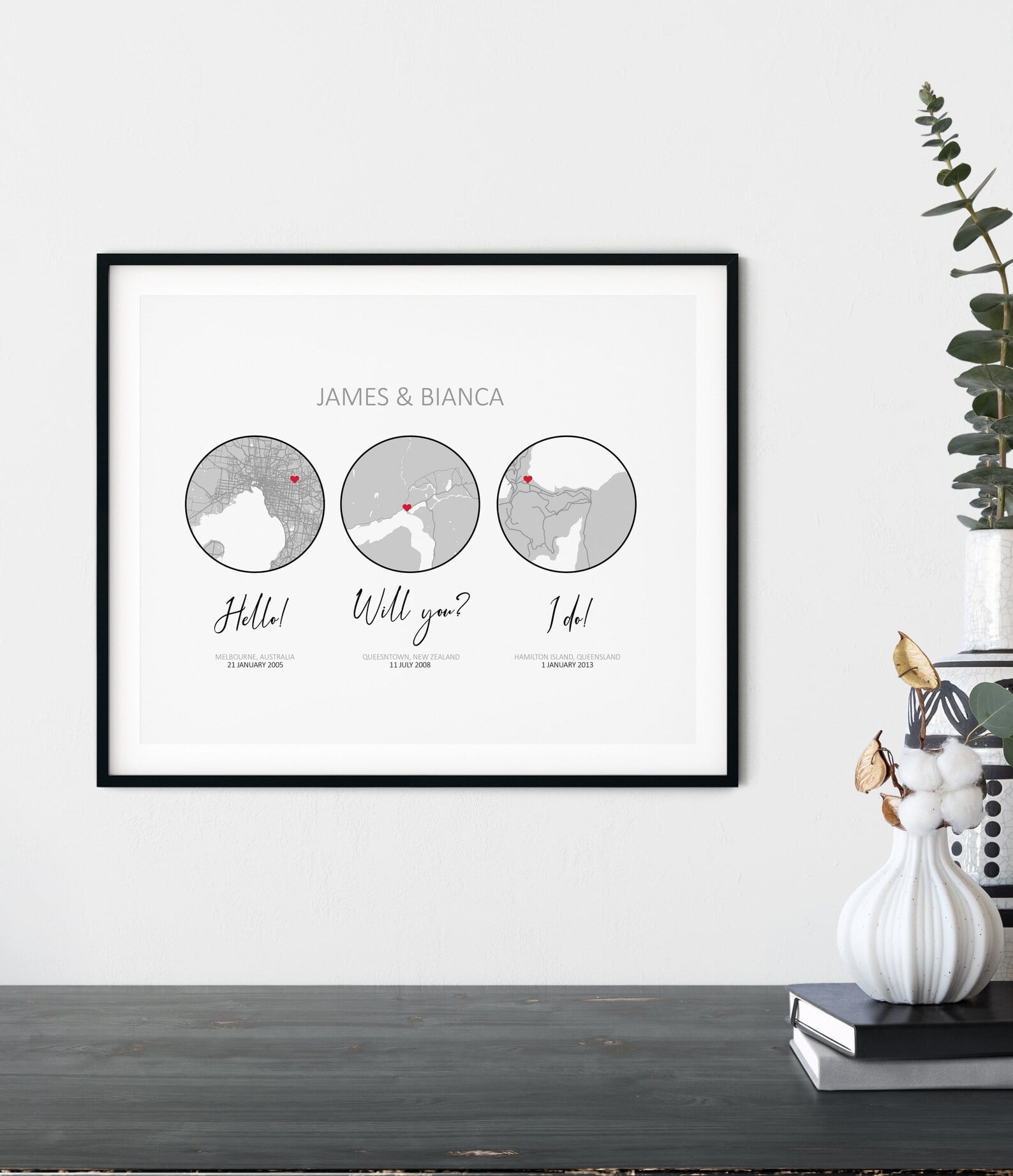 Personalized three moments map wall art featuring relationship milestones and locations
