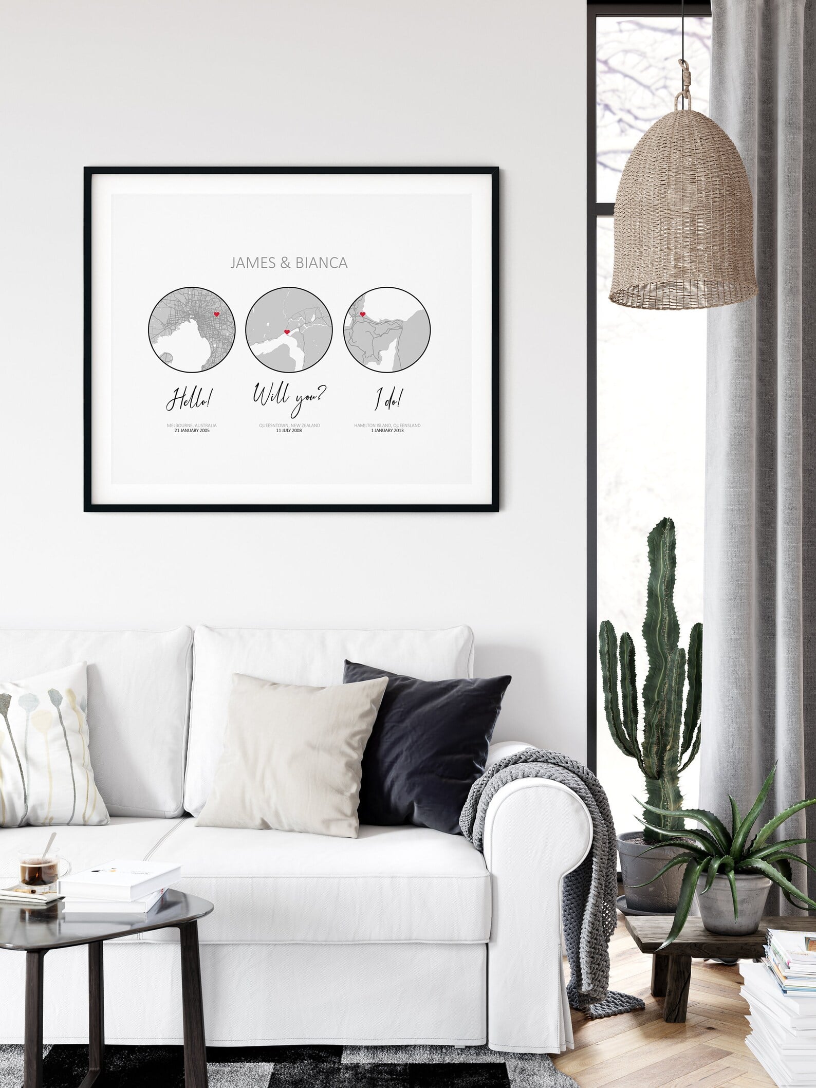 Unique three-location map wall art, perfect for anniversaries and weddings
