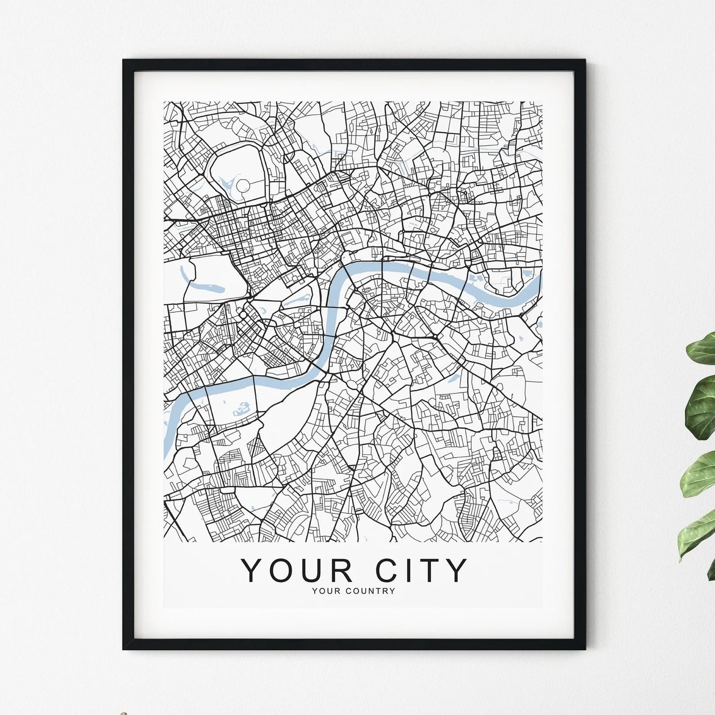 Personalized city map wall art, customizable for any location in black and white design
