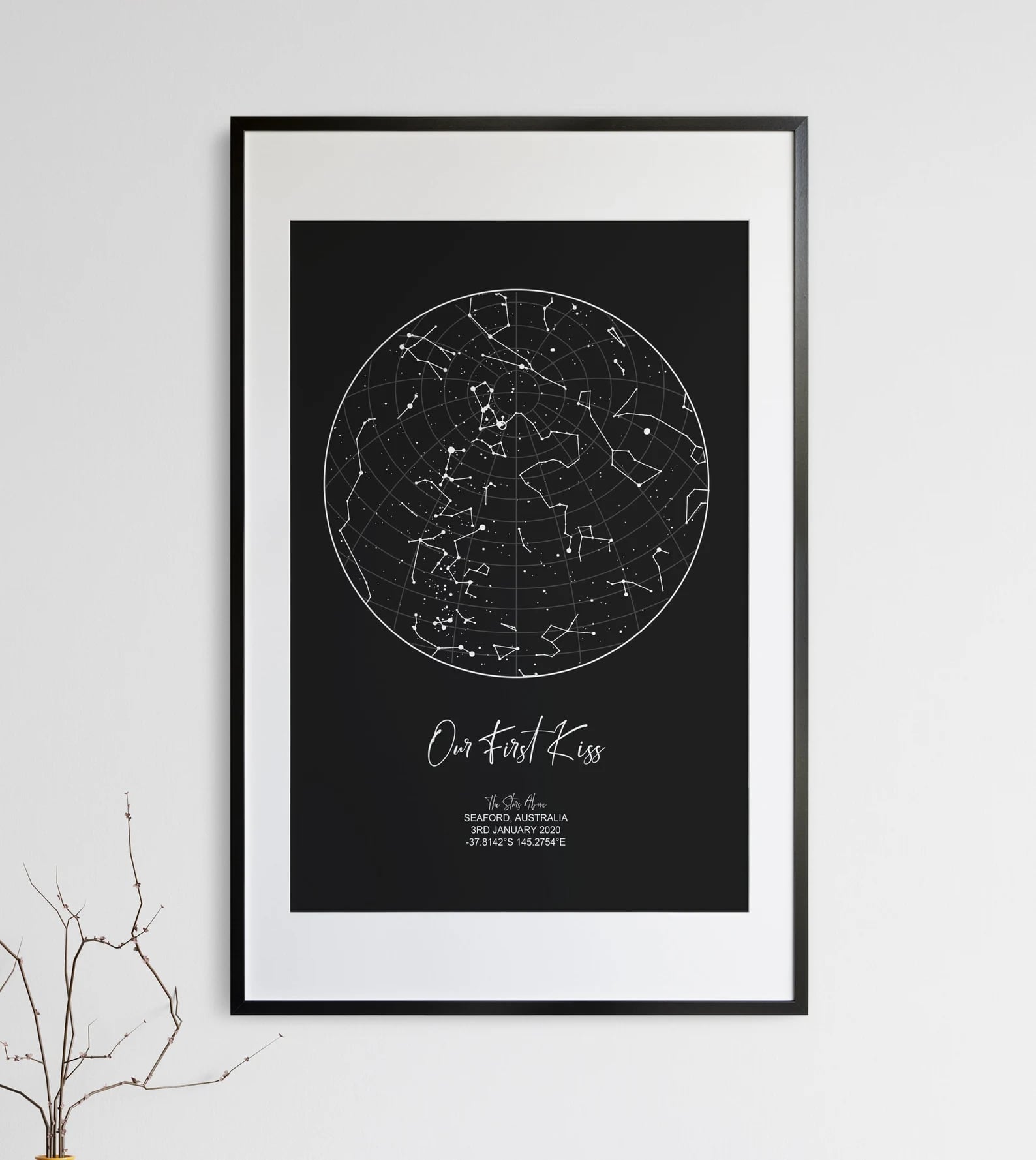 Unique customizable star map wall art, ideal for weddings, first kisses, or anniversaries
