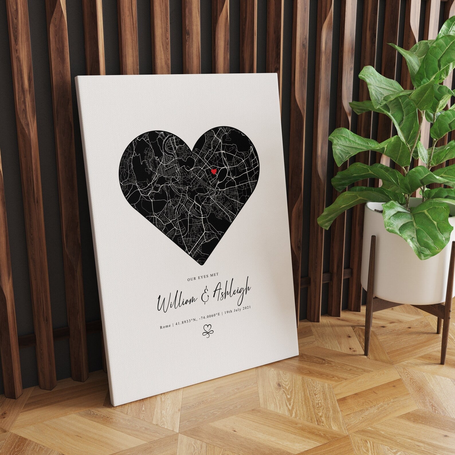 Custom heart-shaped city map wall art featuring personalized location and coordinates for couples

