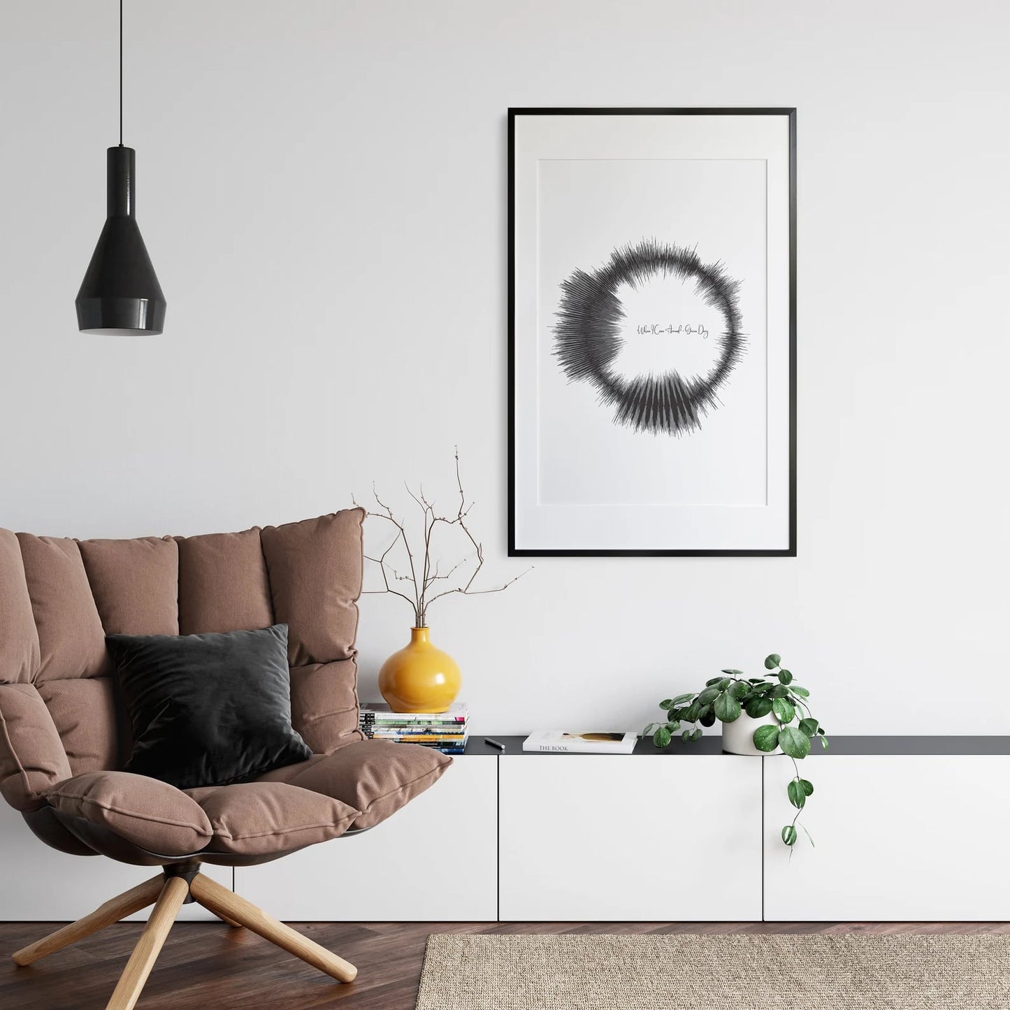 Custom circular sound wave wall art featuring a personalized song with a lava background, perfect for modern decor

