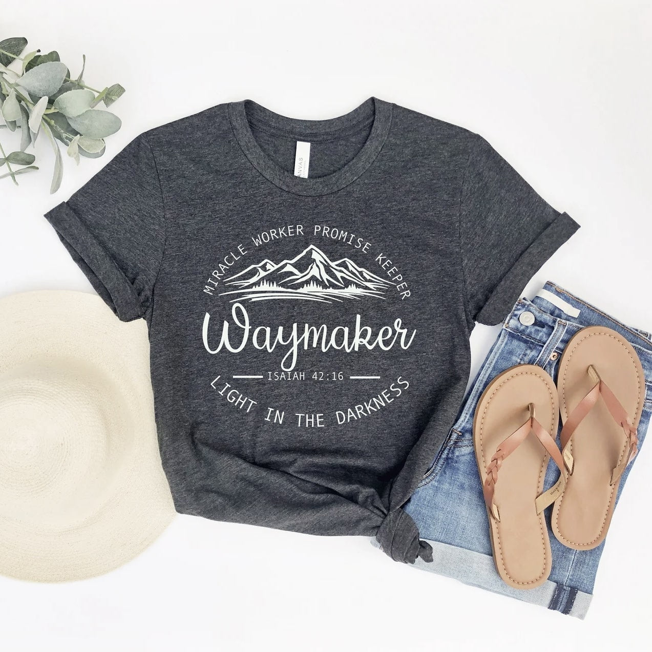 "Waymaker" shirt with mountain graphic and Isaiah 42:16 quote.