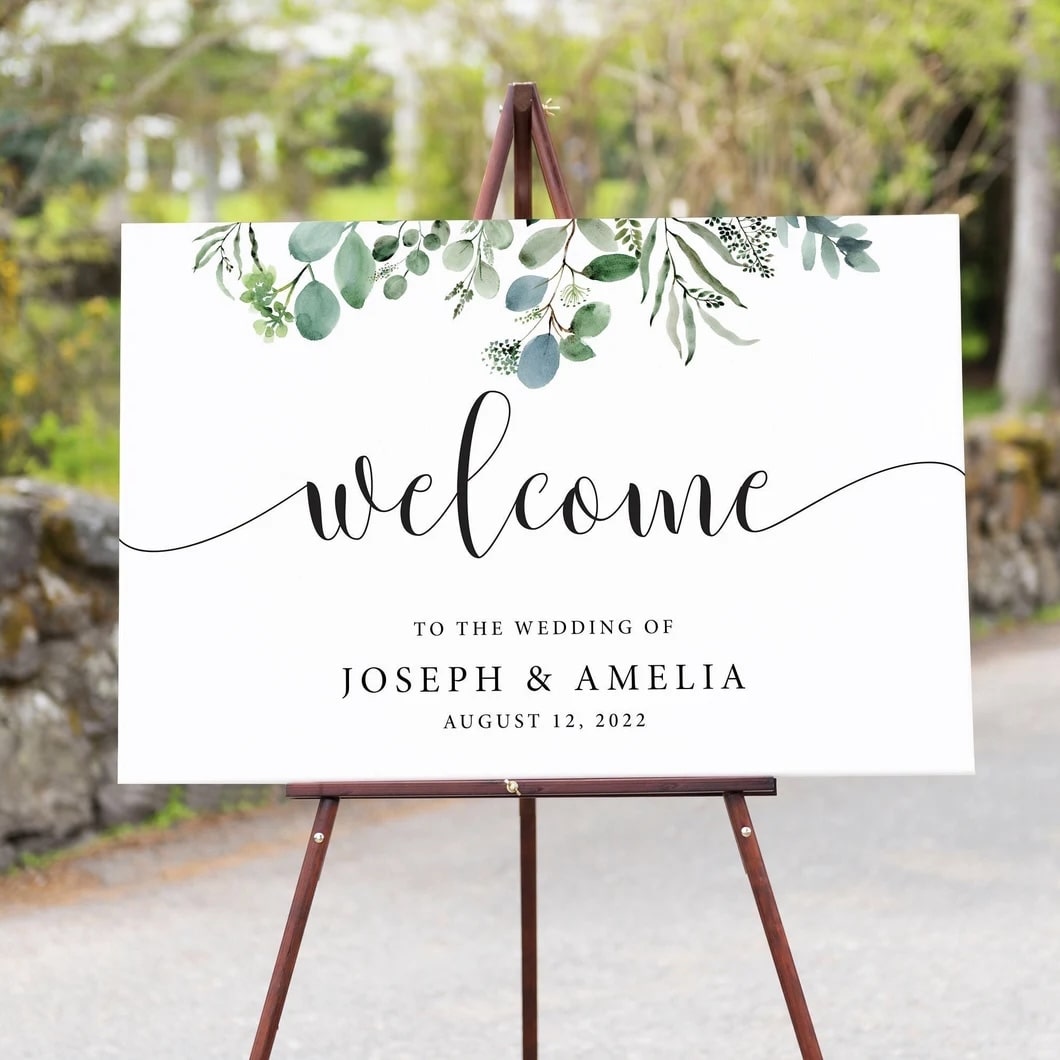 Personalized Wedding Welcome Sign with Greenery Design