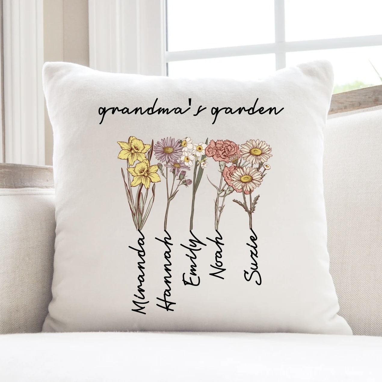 Family-inspired custom pillow with floral design for grandma.