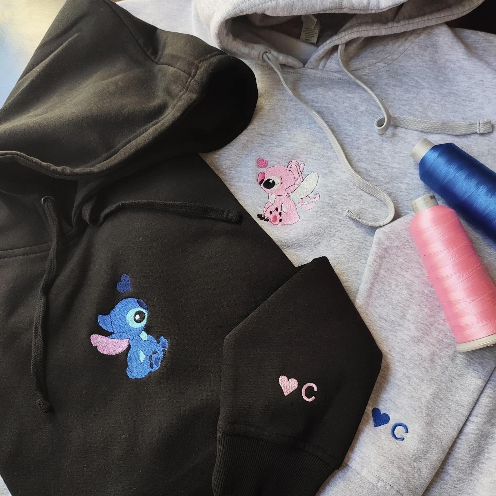 Matching Couple Hoodies perfect as personalized couple hoodies featuring embroidered Stitch and Angel.
